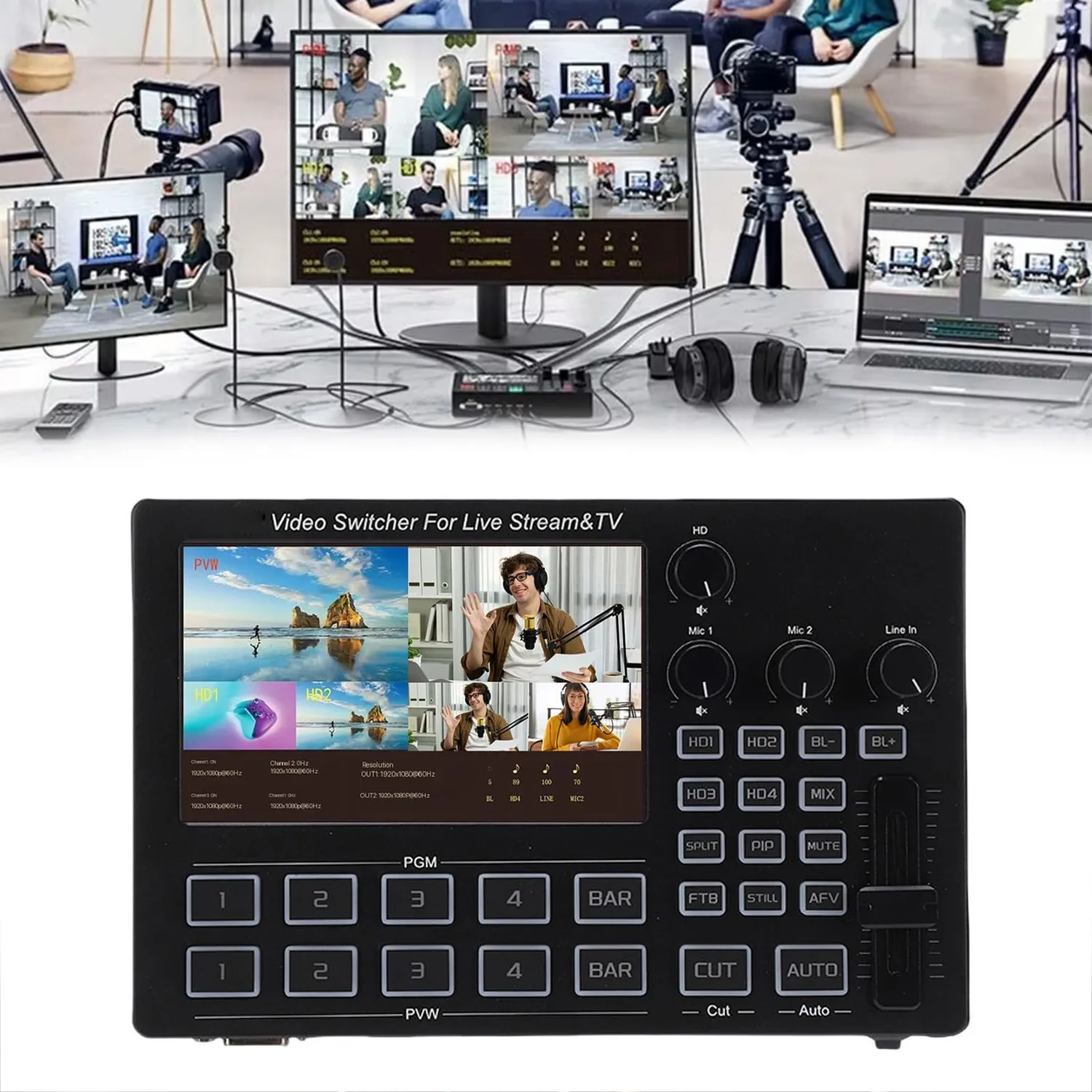 Zunate Switcher Video HDMI 4 Canali Schermo 5 Pollici 1080p