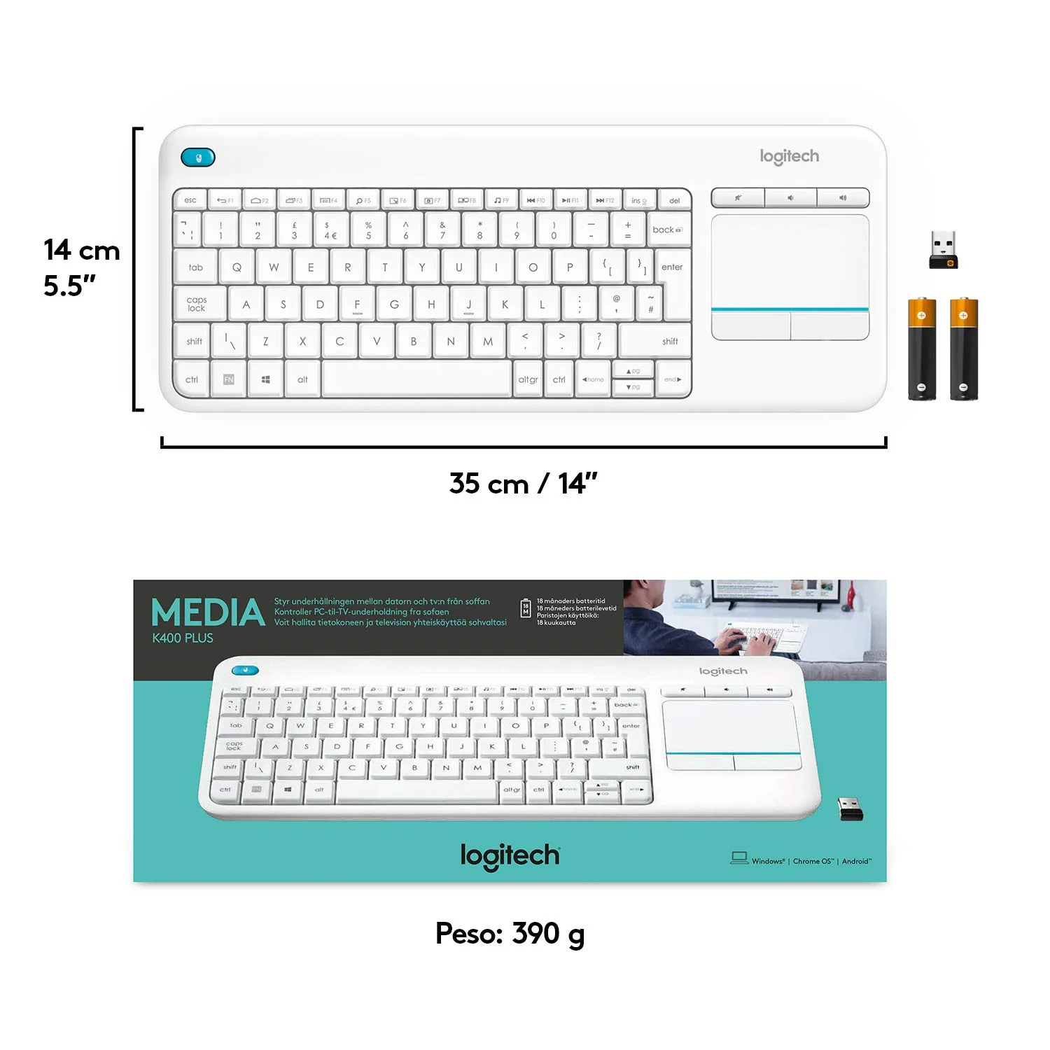 Logitech K400 Plus tastiera wireless bianca con touchpad