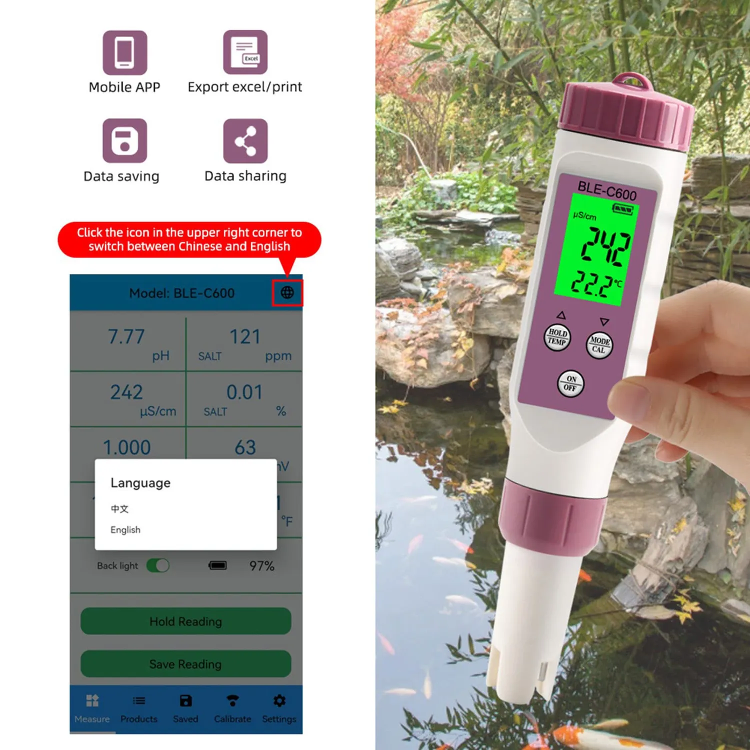 Zunate Misuratore pH Digitale 7 in 1 Bluetooth con Custodia