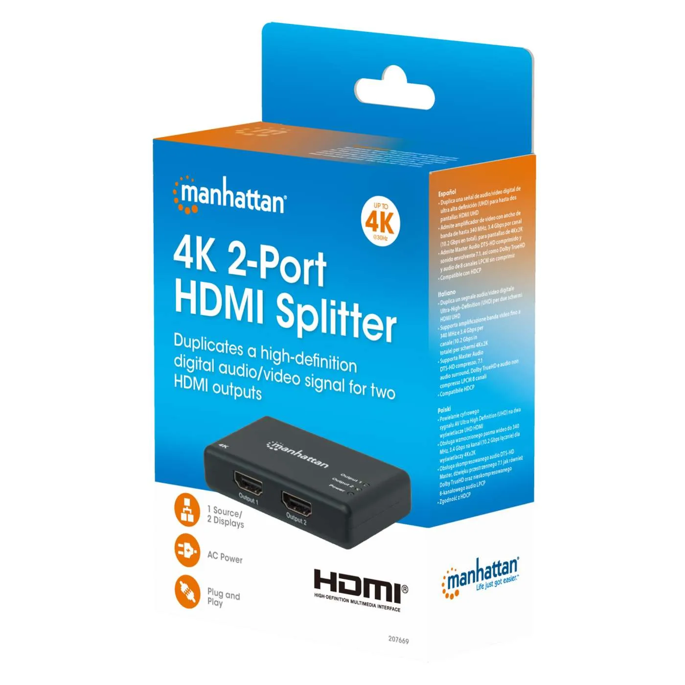 Manhattan 4K splitter HDMI 2 porte 30Hz amplificato