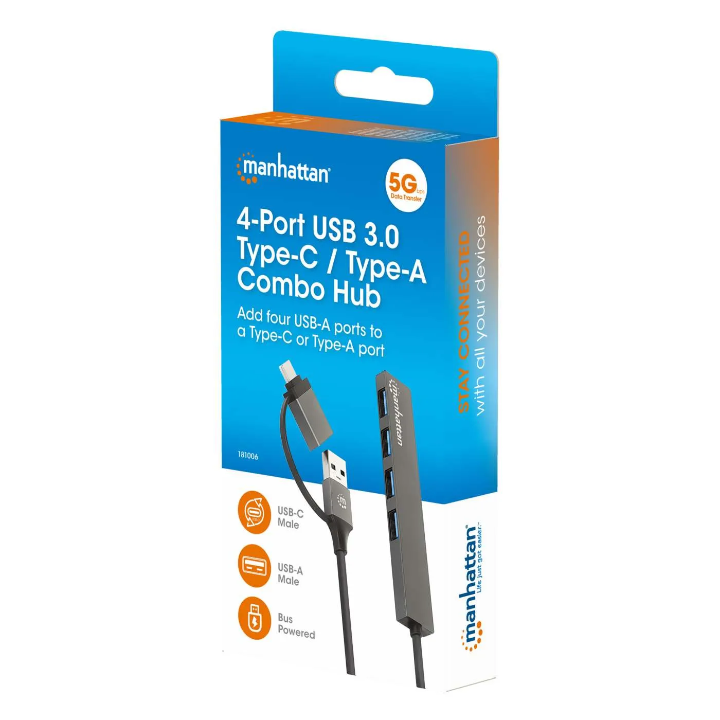 Manhattan Hub USB 4 Porte Type-C/A Combo 5Gbps Nero