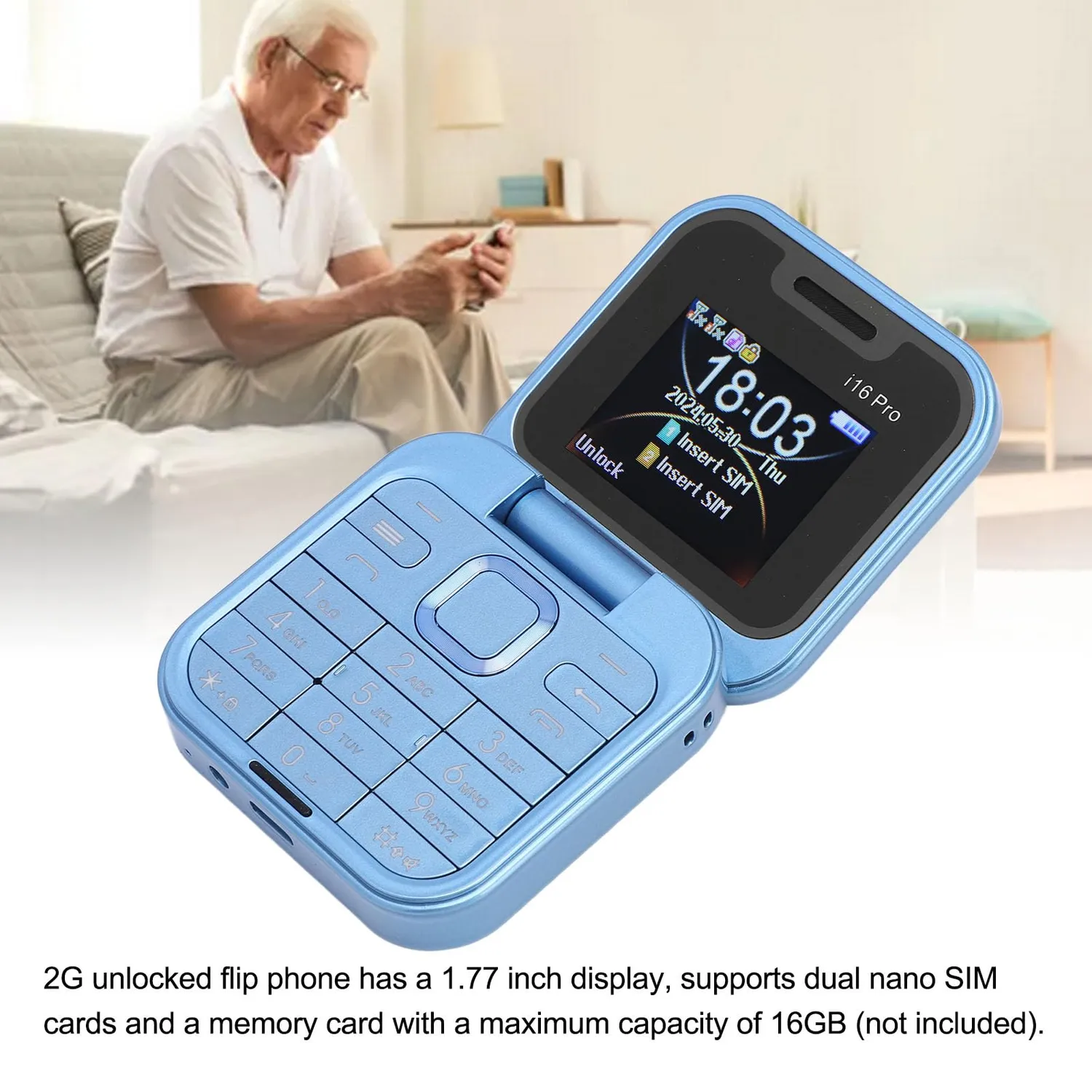 Zunate Flip Telefono a Conchiglia Blu 2G Dual SIM