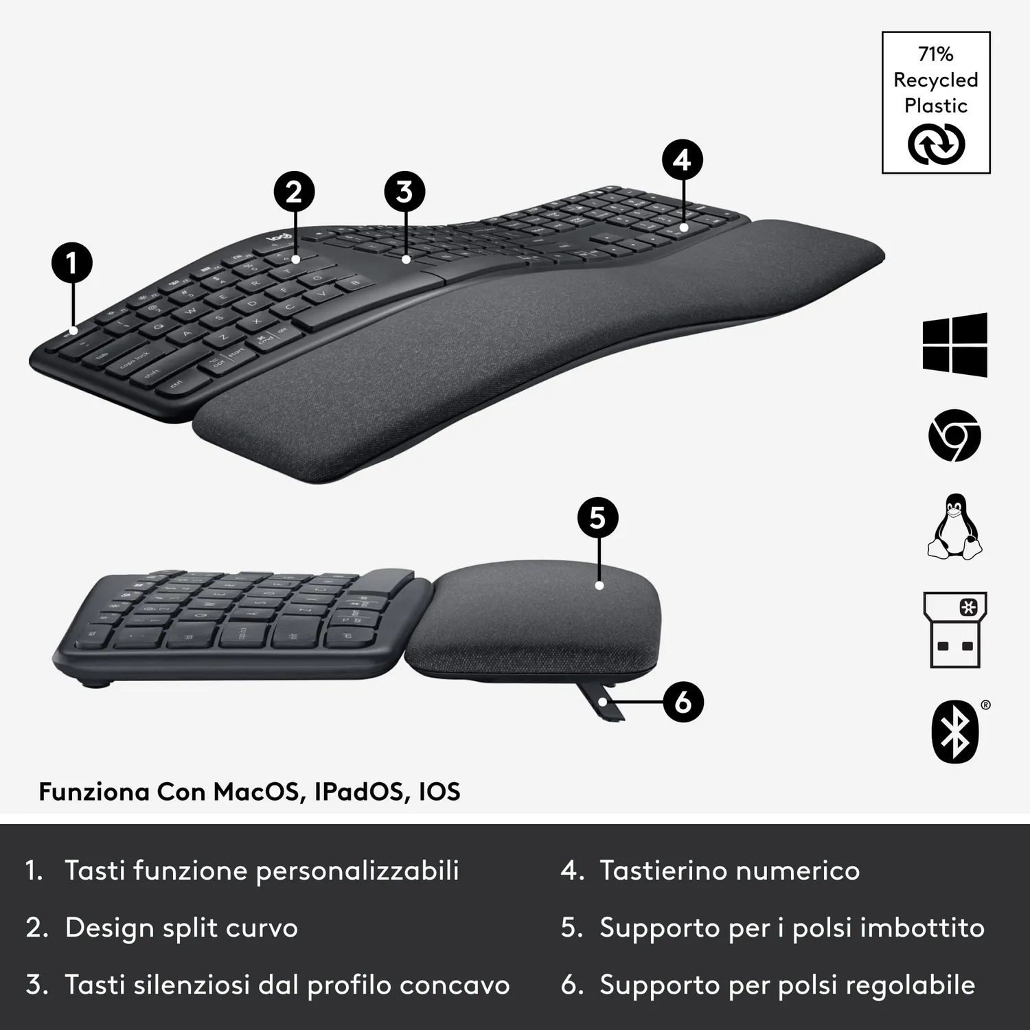 Logitech ERGO K860 tastiera wireless ITA ergonomica