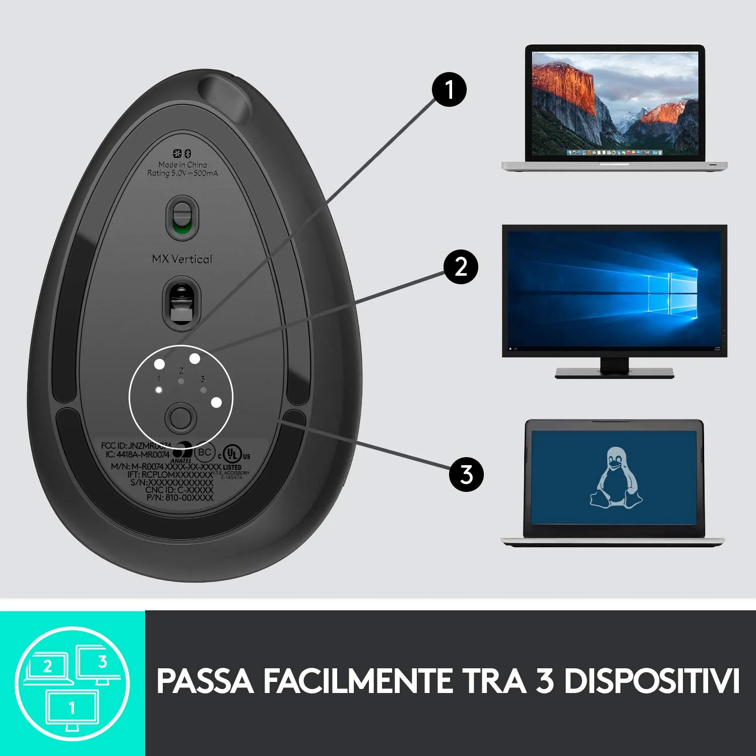 Logitech MX Vertical mouse wireless ergonomico 4000dpi grafite