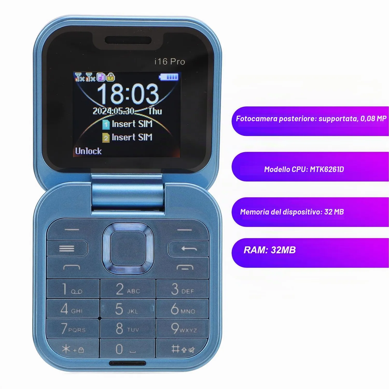 Zunate Flip Telefono a Conchiglia Blu 2G Dual SIM