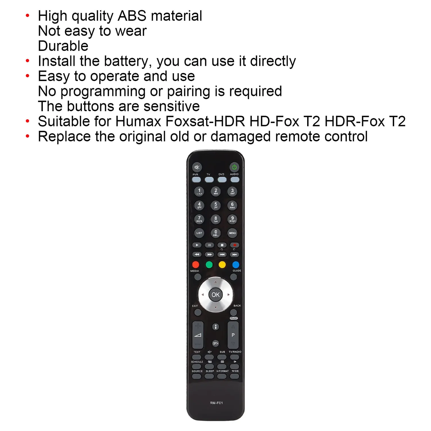 Zunate RM-F01 Telecomando Ricambio Humax Foxsat-HDR Nero