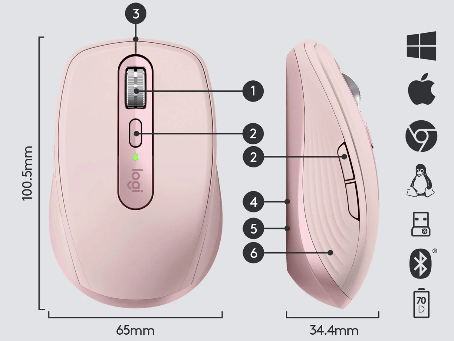 Logitech MX Anywhere 3 mouse wireless rosa vetro