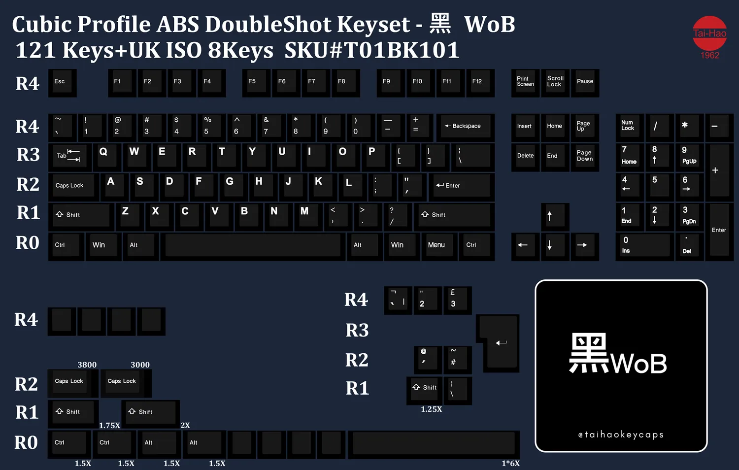 Tai-Hao WoB set keycap ABS 121 US nero