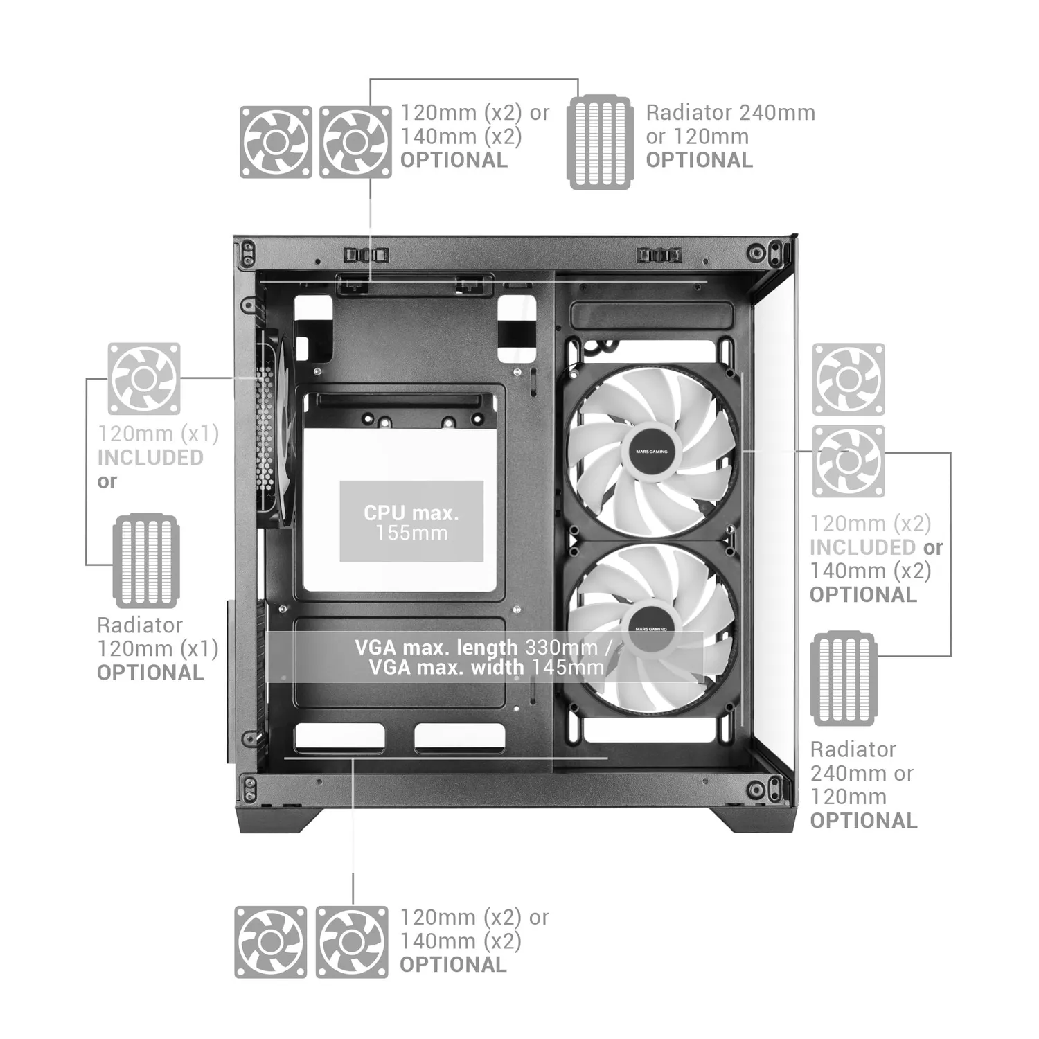 Mars Gaming MC-VIEW3 Case PC MicroATX Nero Vetro Panoramico