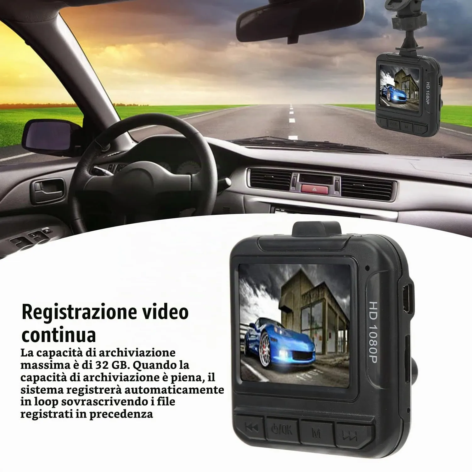 Zunate dash cam auto 1080P schermo 1,6 pollici loop