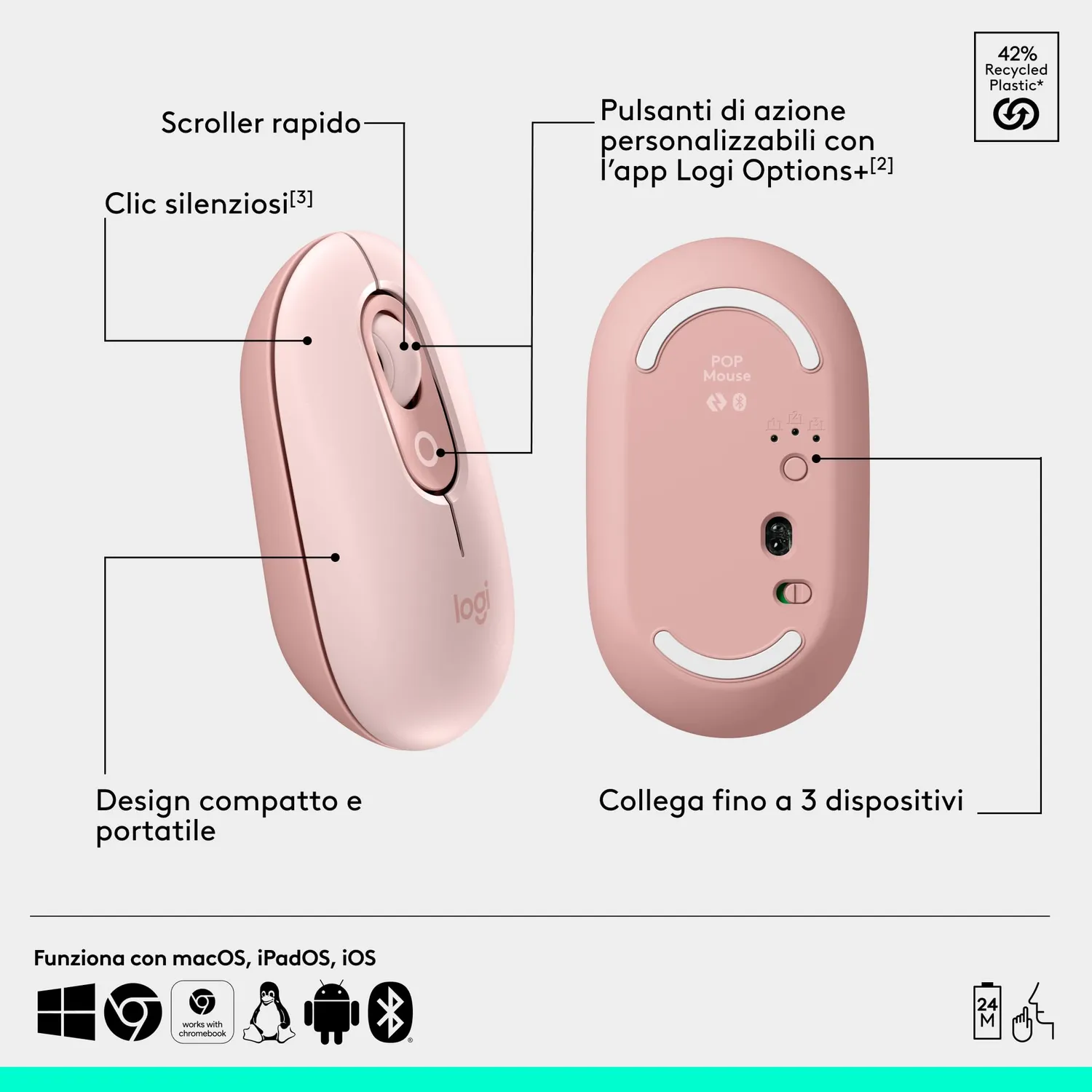 Logitech POP Mouse wireless rosa clic silenziosi