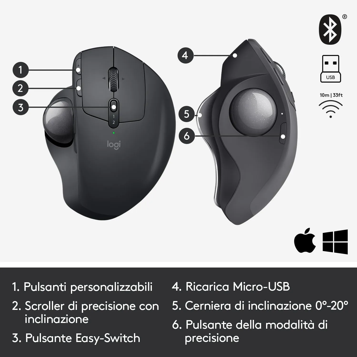 Logitech MX Ergo Trackball Mouse Wireless Ergonomico Precisione