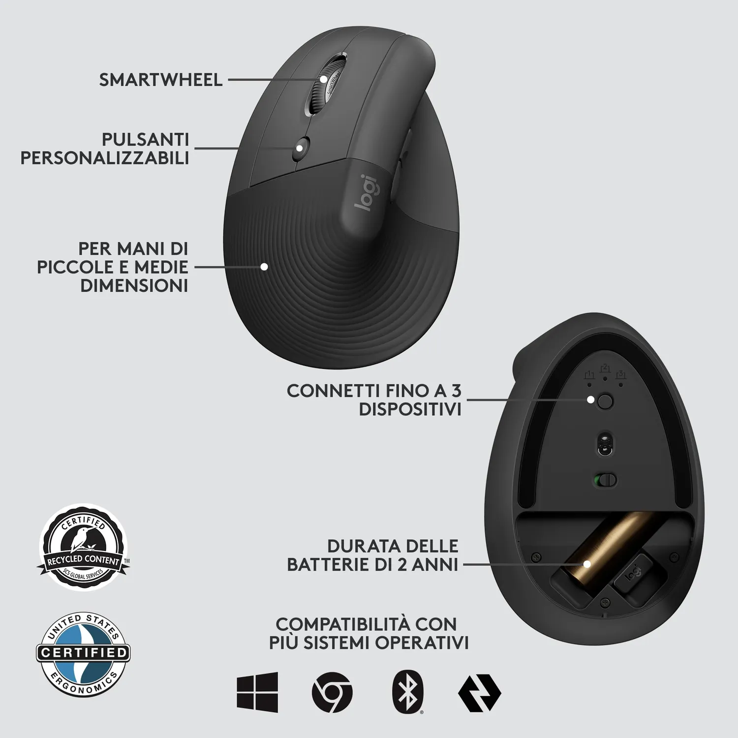 Logitech Lift for Business mouse verticale per mancini