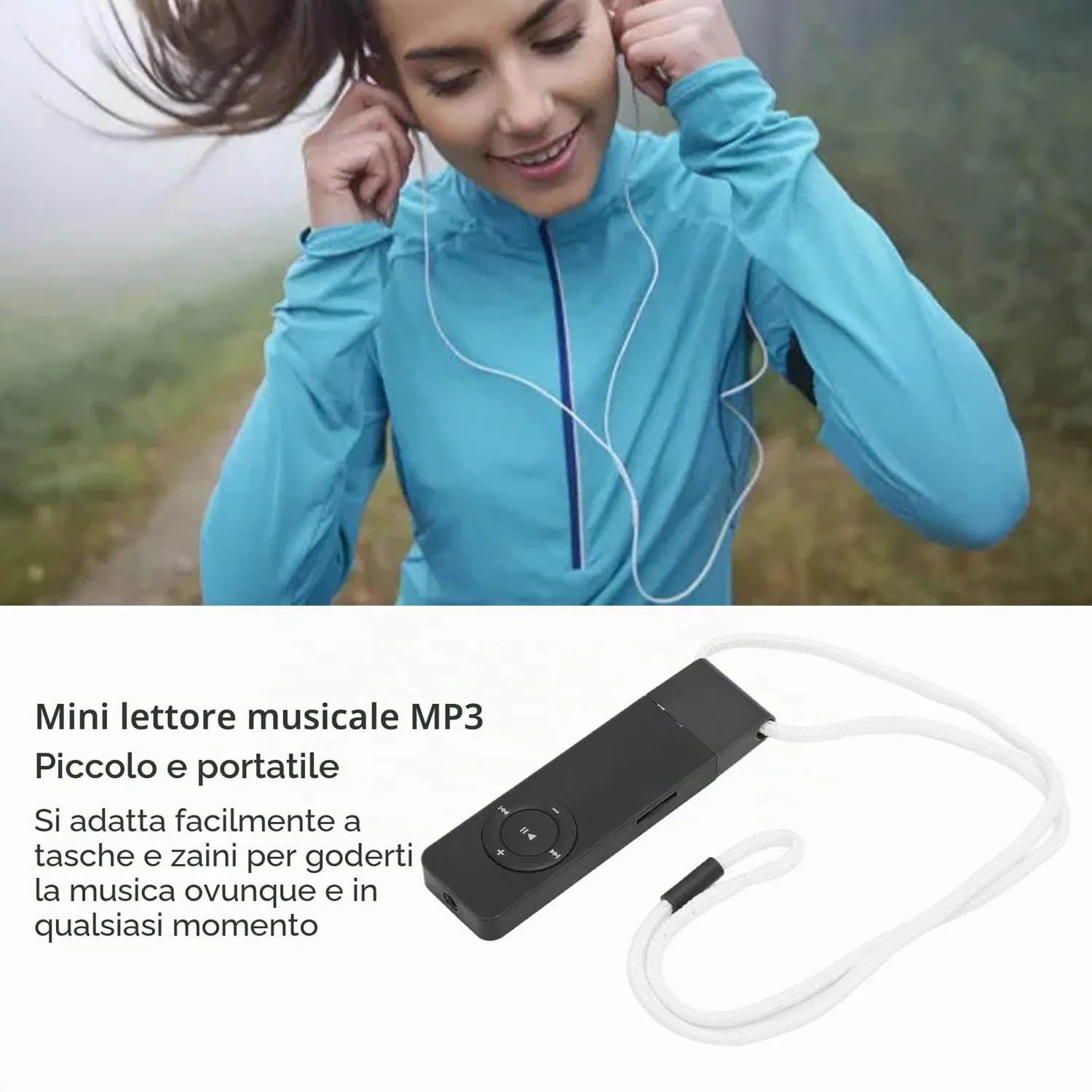 Zunate Mini lettore MP3 nero 64GB con auricolari