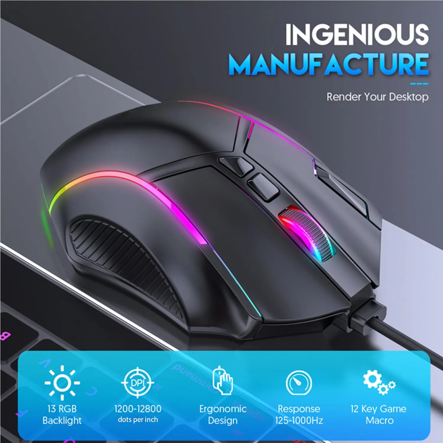 Zunate Mouse Gaming RGB 12800 DPI 7 Tasti Cablato