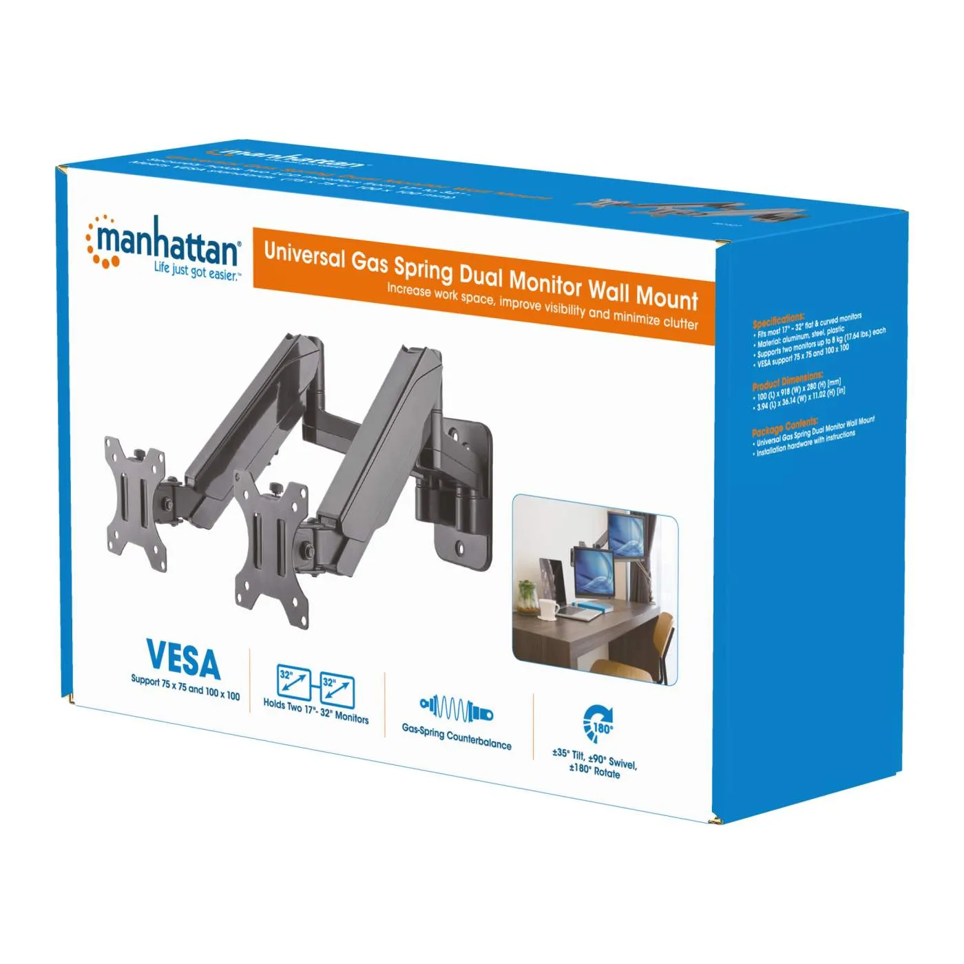 Manhattan supporto 2 monitor a muro 17-32" gas 8kg