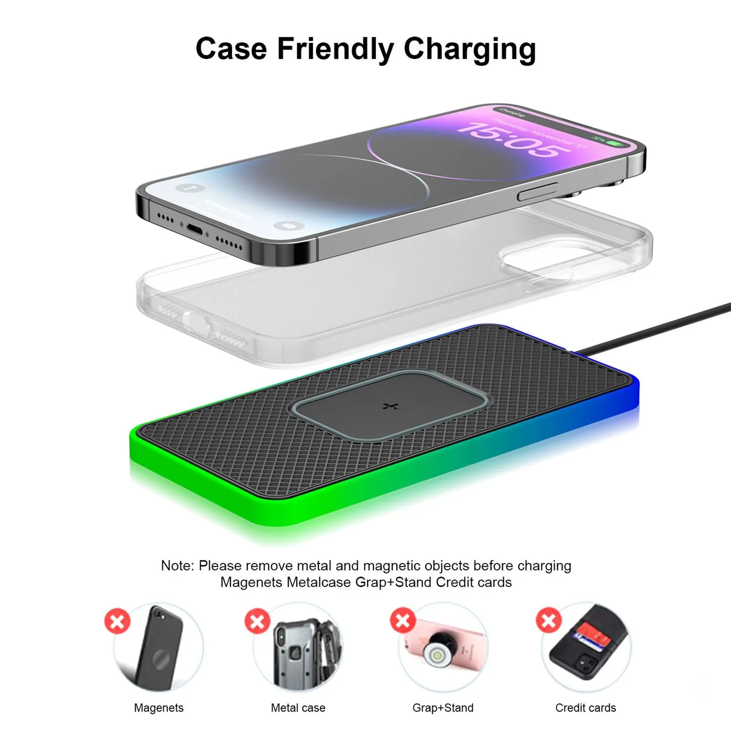 Zunate Tappetino Ricarica Wireless Auto 20W RGB Antiscivolo