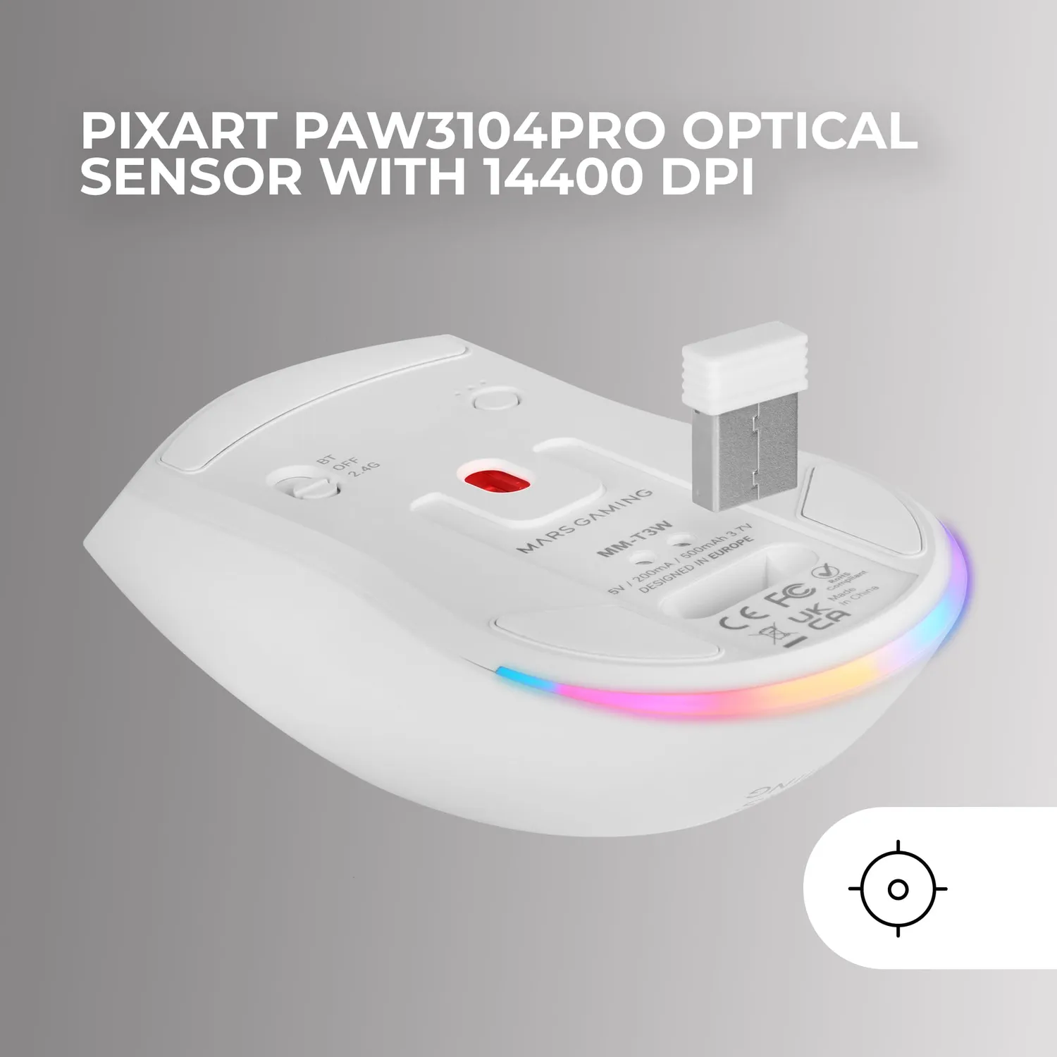 Mars Gaming MM-T3 MMT3W Mouse Wireless Bianco 14400 DPI