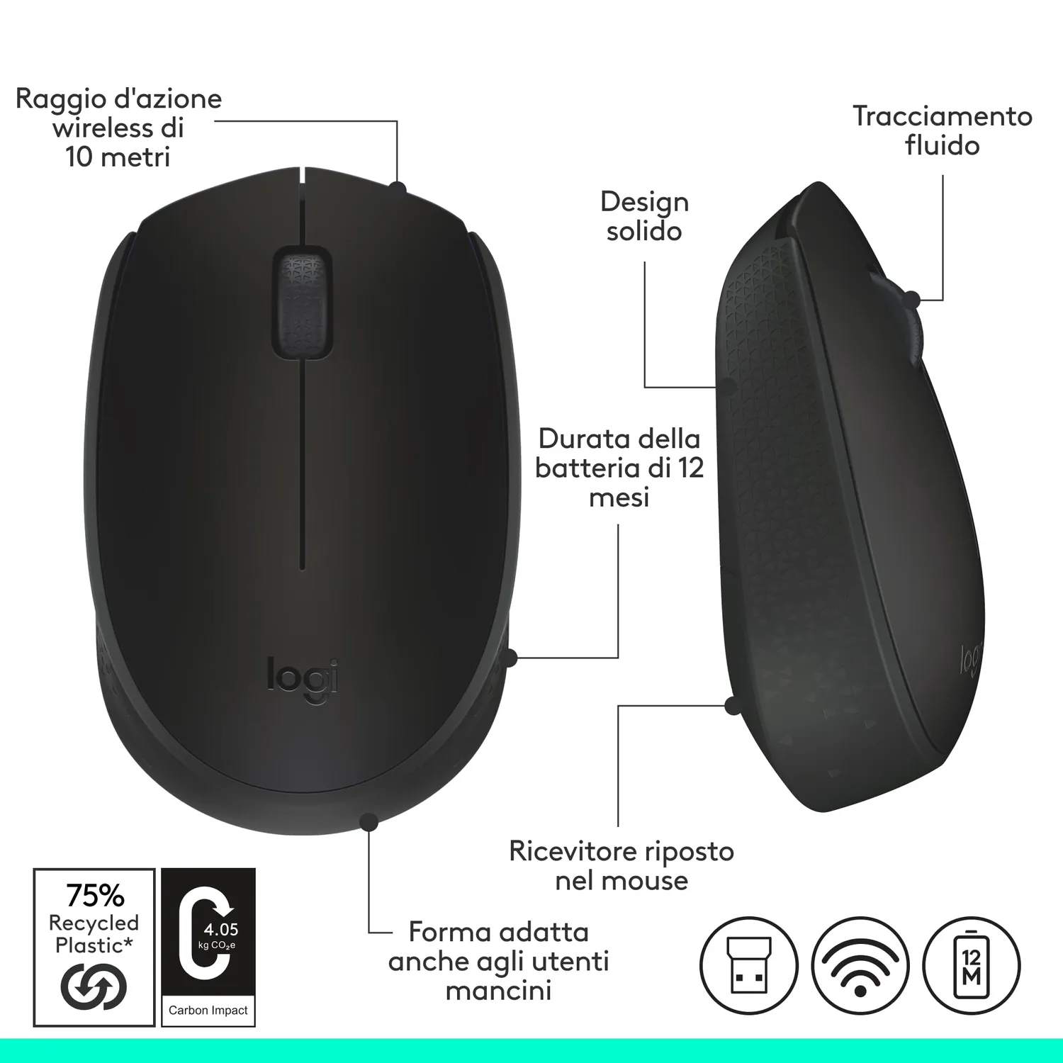Logitech M171 mouse wireless nero 2,4 GHz ambidestro