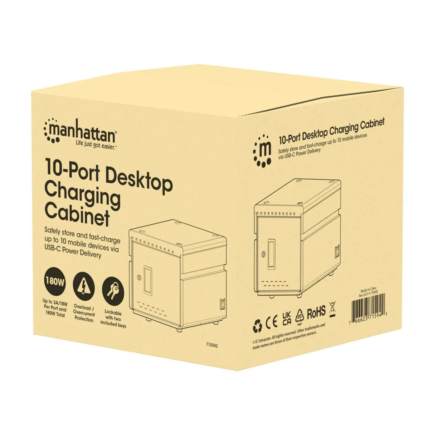 Manhattan 10 porte USB-C armadietto ricarica 18W nero