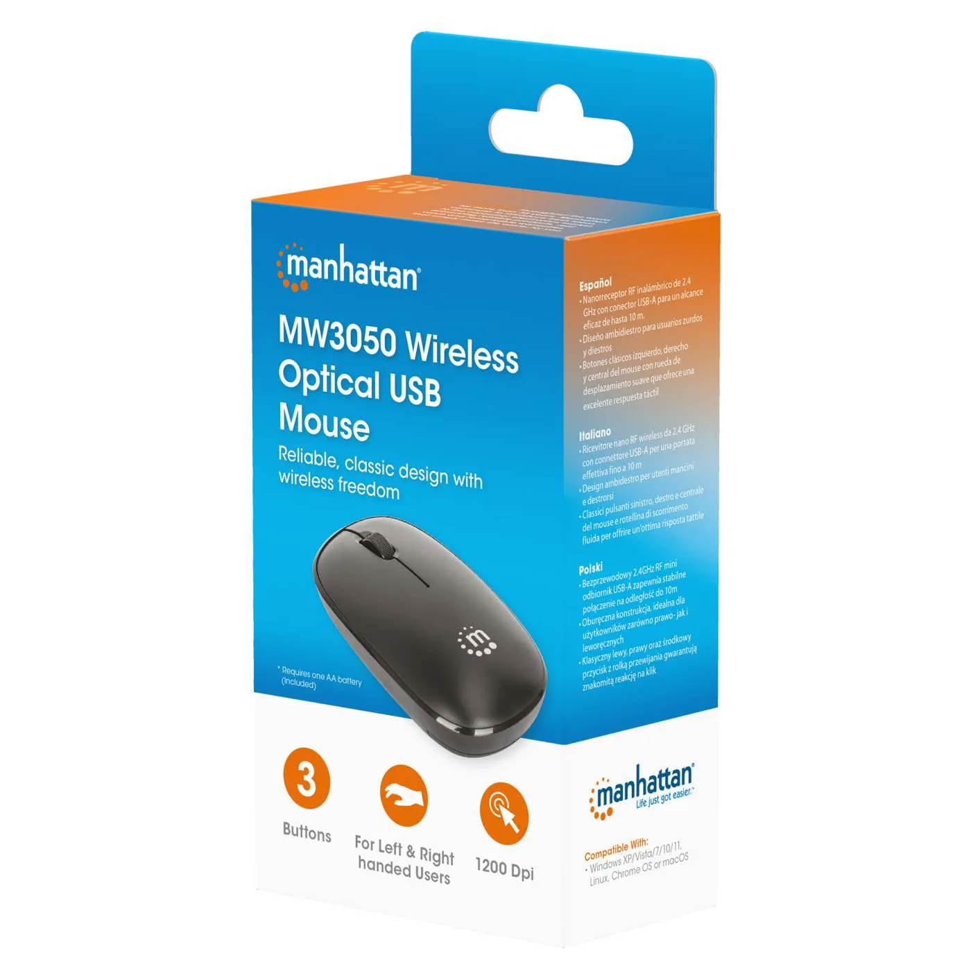 Manhattan MW3050 mouse wireless nero 1200 DPI