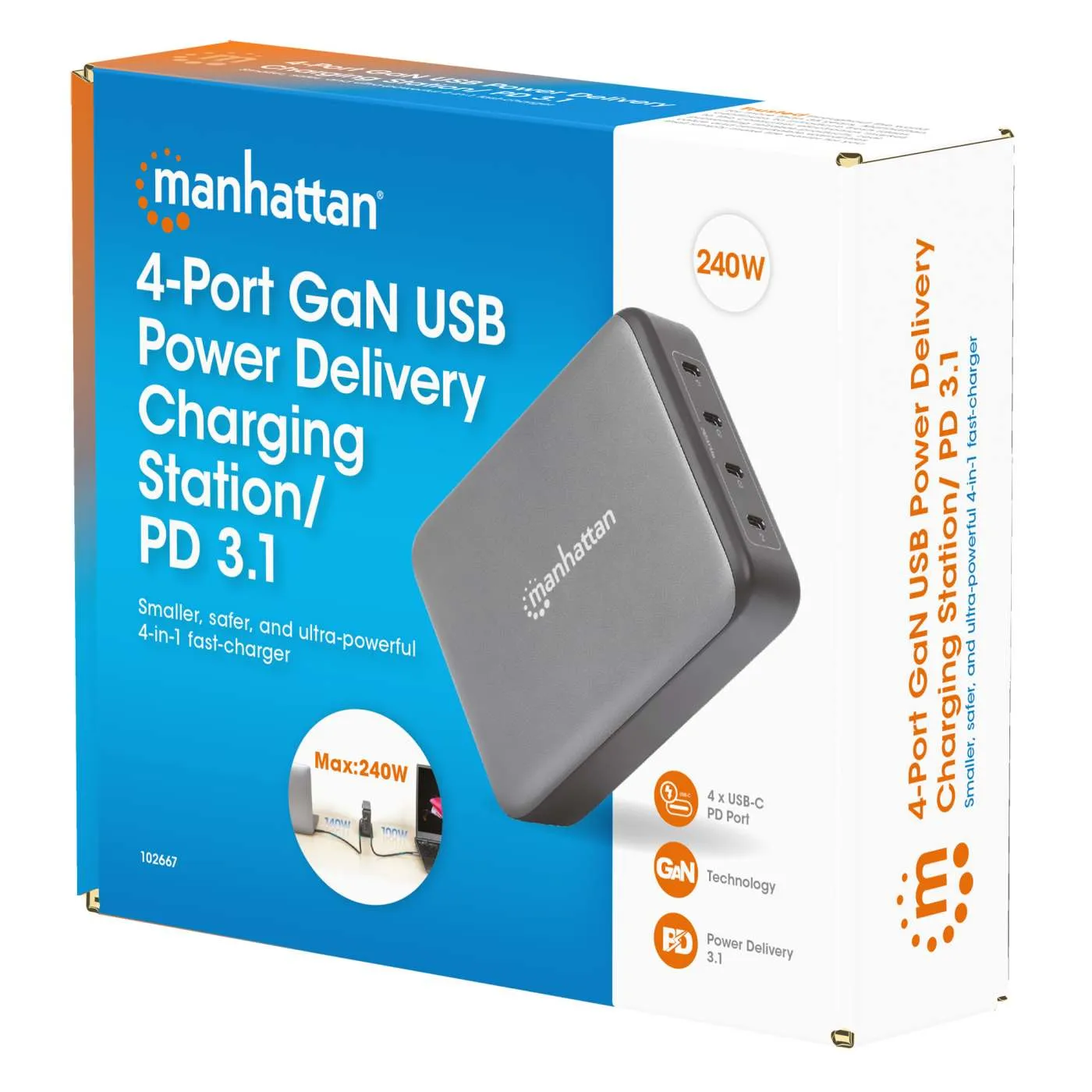 Manhattan 240W stazione ricarica GaN 4 porte USB-C nera