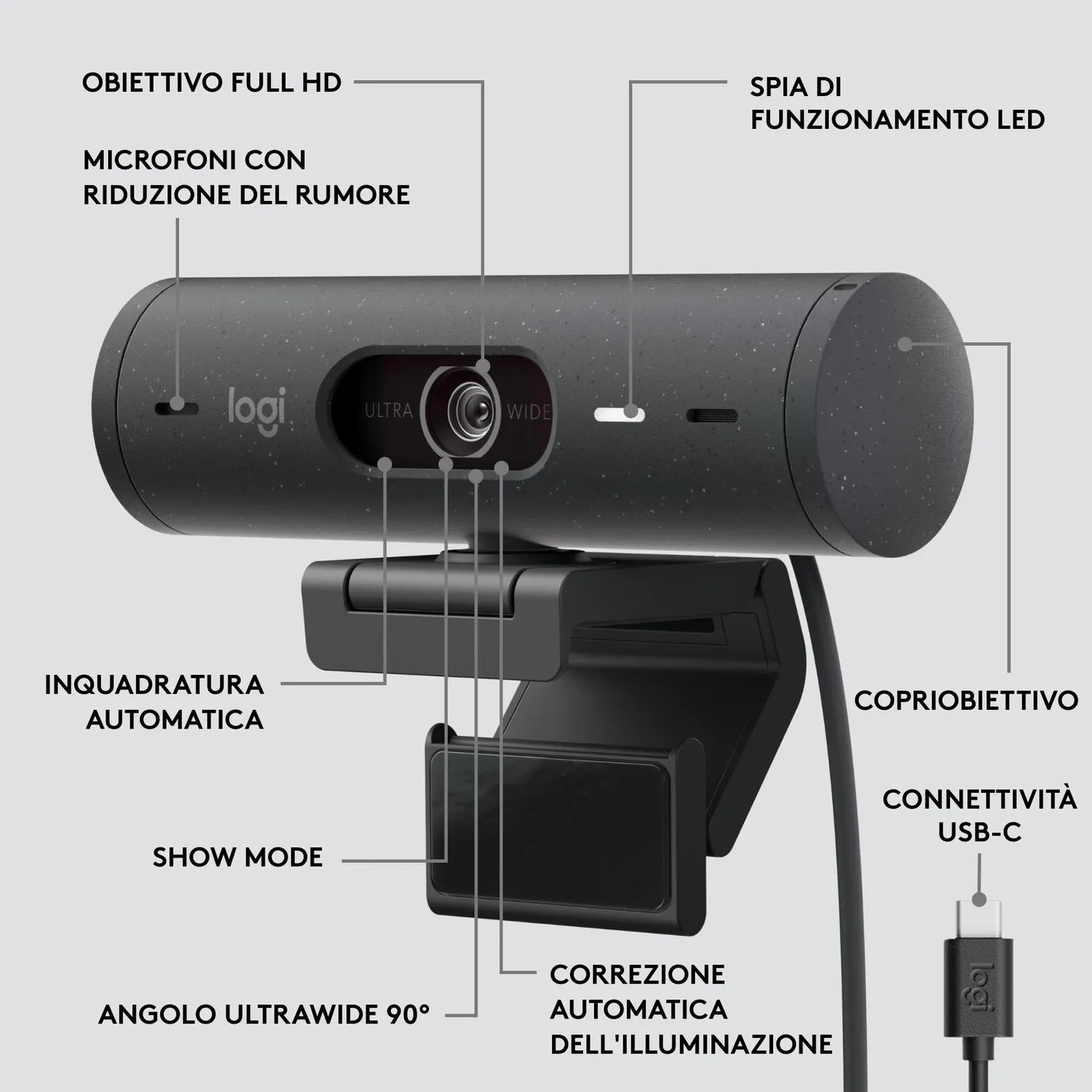 Logitech Brio 505 webcam Full HD grigia con otturatore