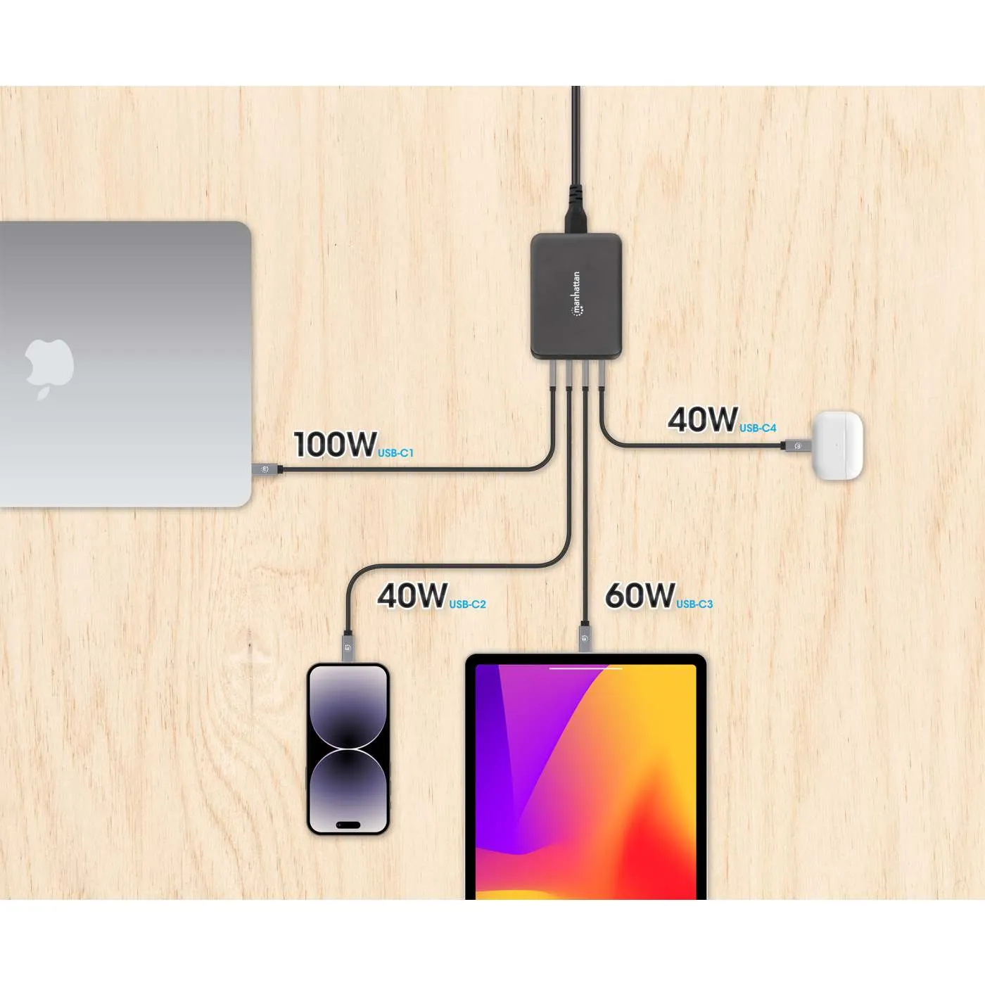 Manhattan 240W stazione ricarica GaN 4 porte USB-C nera
