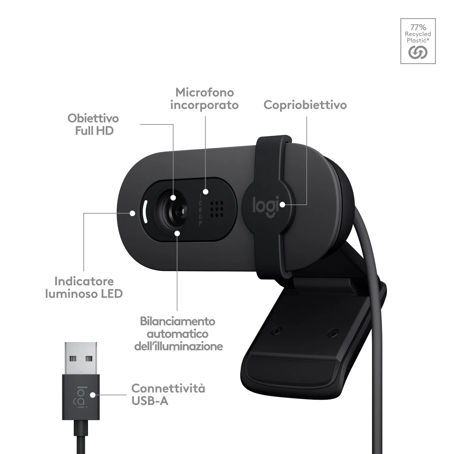 Logitech Brio 100 webcam Full HD grafite con copriobiettivo