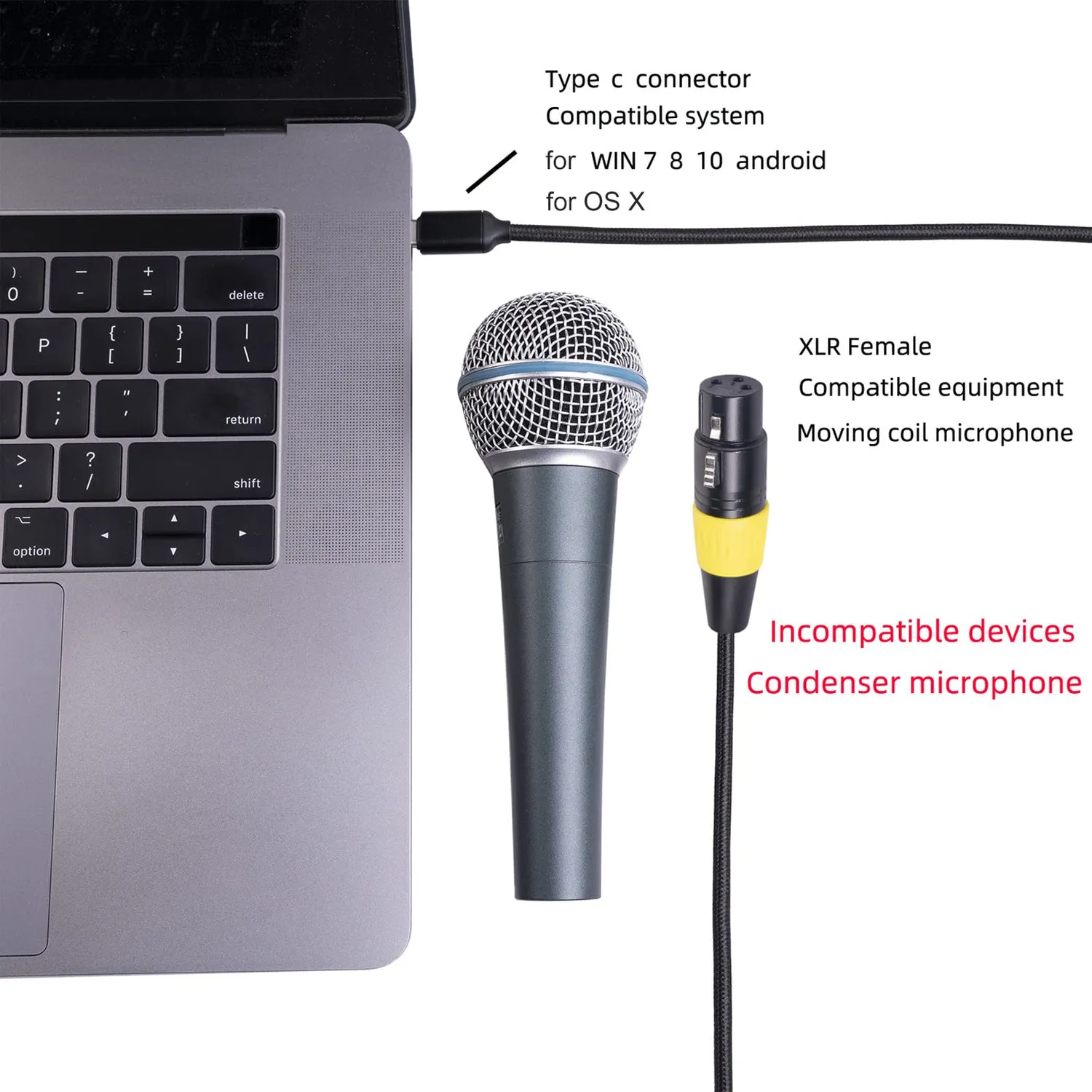 Zunate cavo XLR a USB-C microfono PC nylon 48kHz