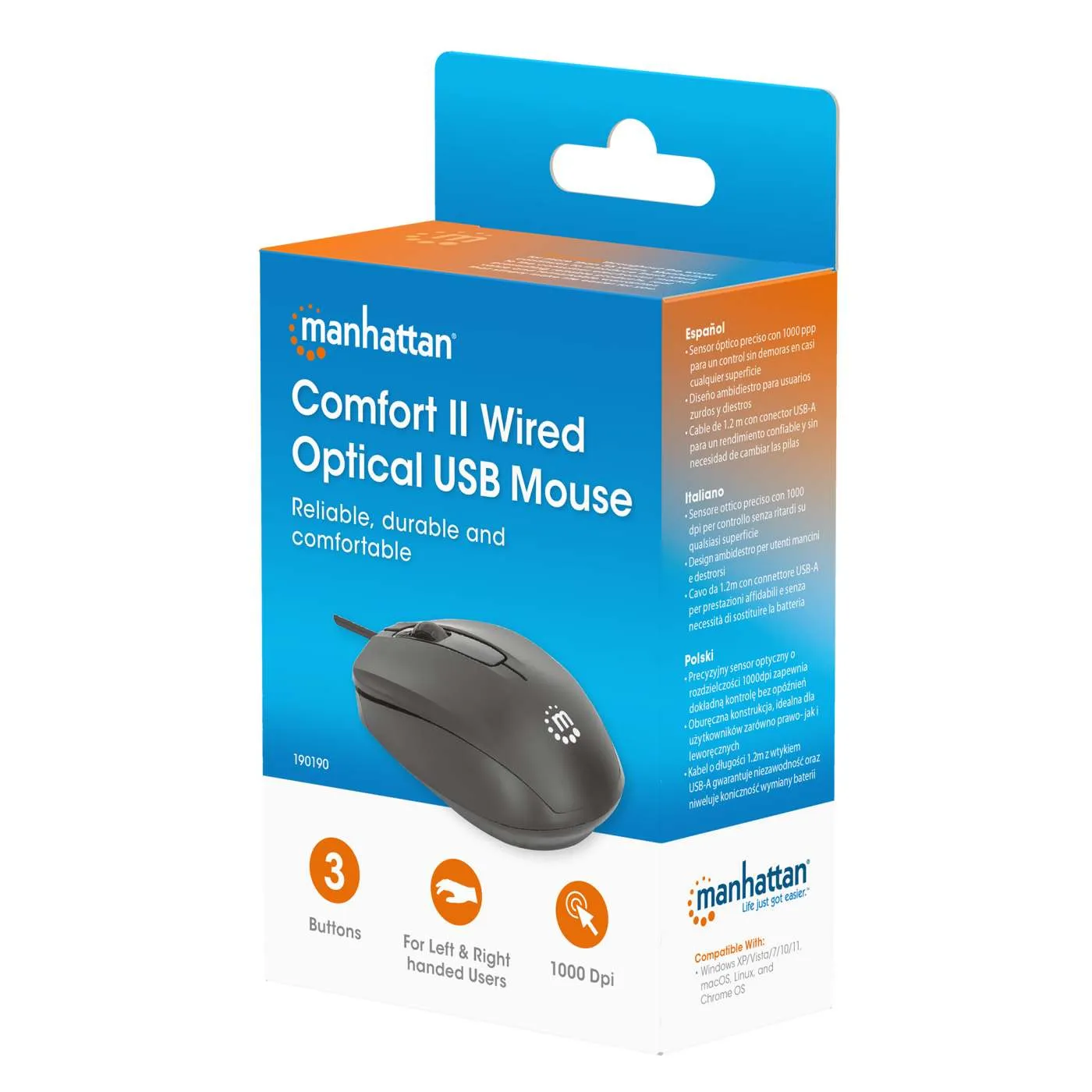 Manhattan Comfort II mouse USB nero 1000 DPI con filo