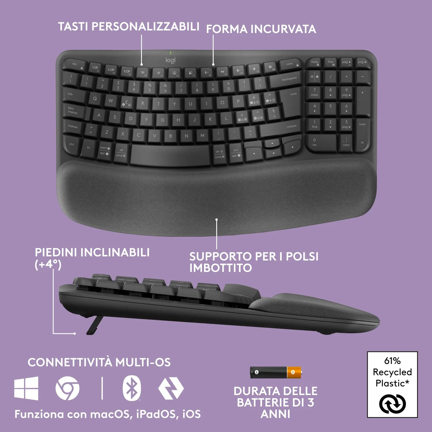 Logitech Wave Keys tastiera wireless ergonomica grafite ITA