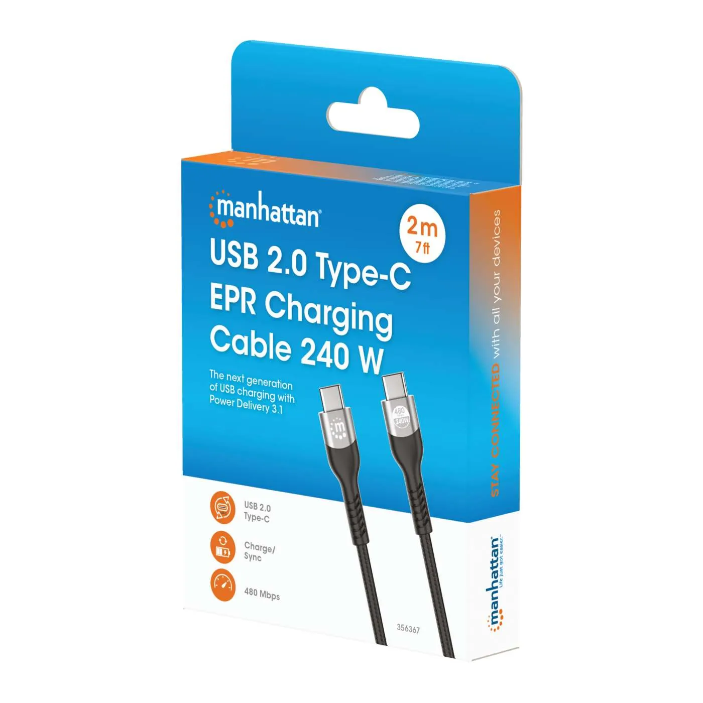 Manhattan Cavo Ricarica USB-C 240W PD 3.1 2 m Nero