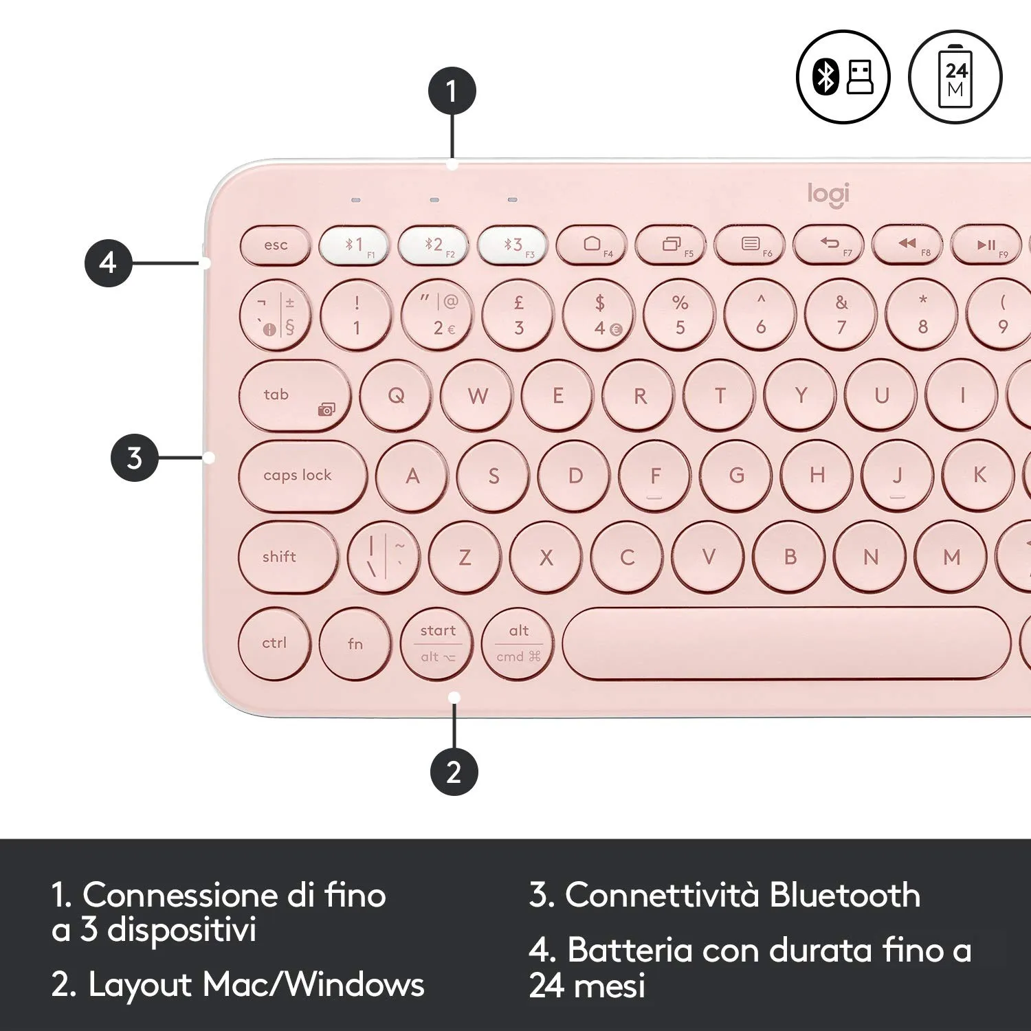 Logitech K380+M350 kit tastiera e mouse wireless rosa silen