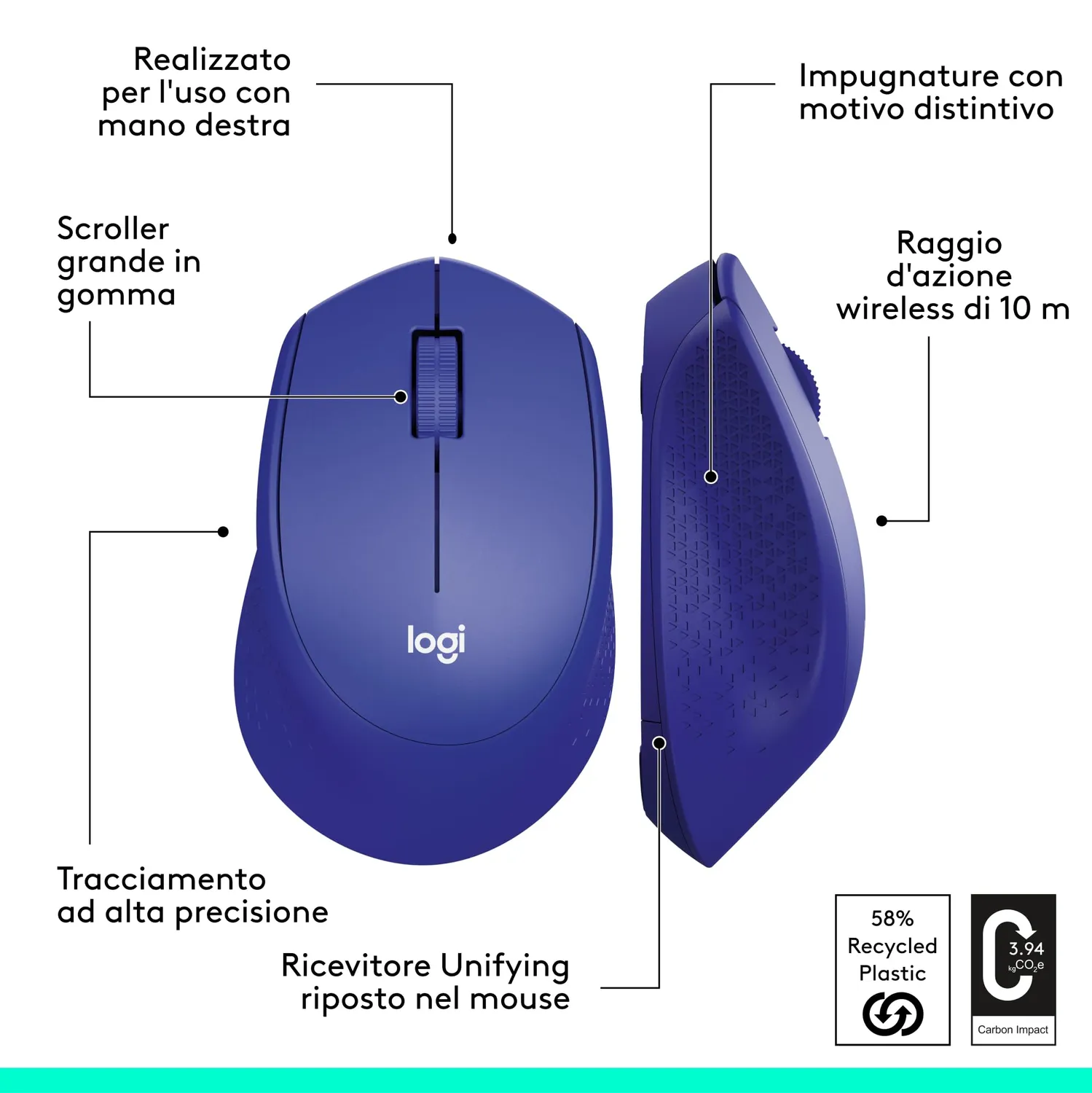 Logitech M280 mouse wireless blu 1000 DPI destrimano