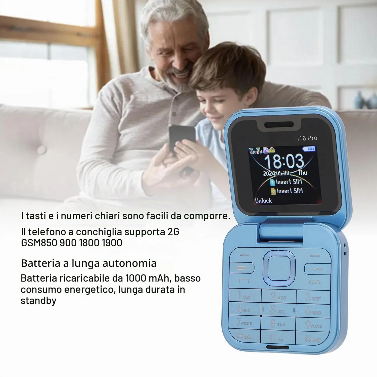 Zunate Flip Telefono a Conchiglia Blu 2G Dual SIM