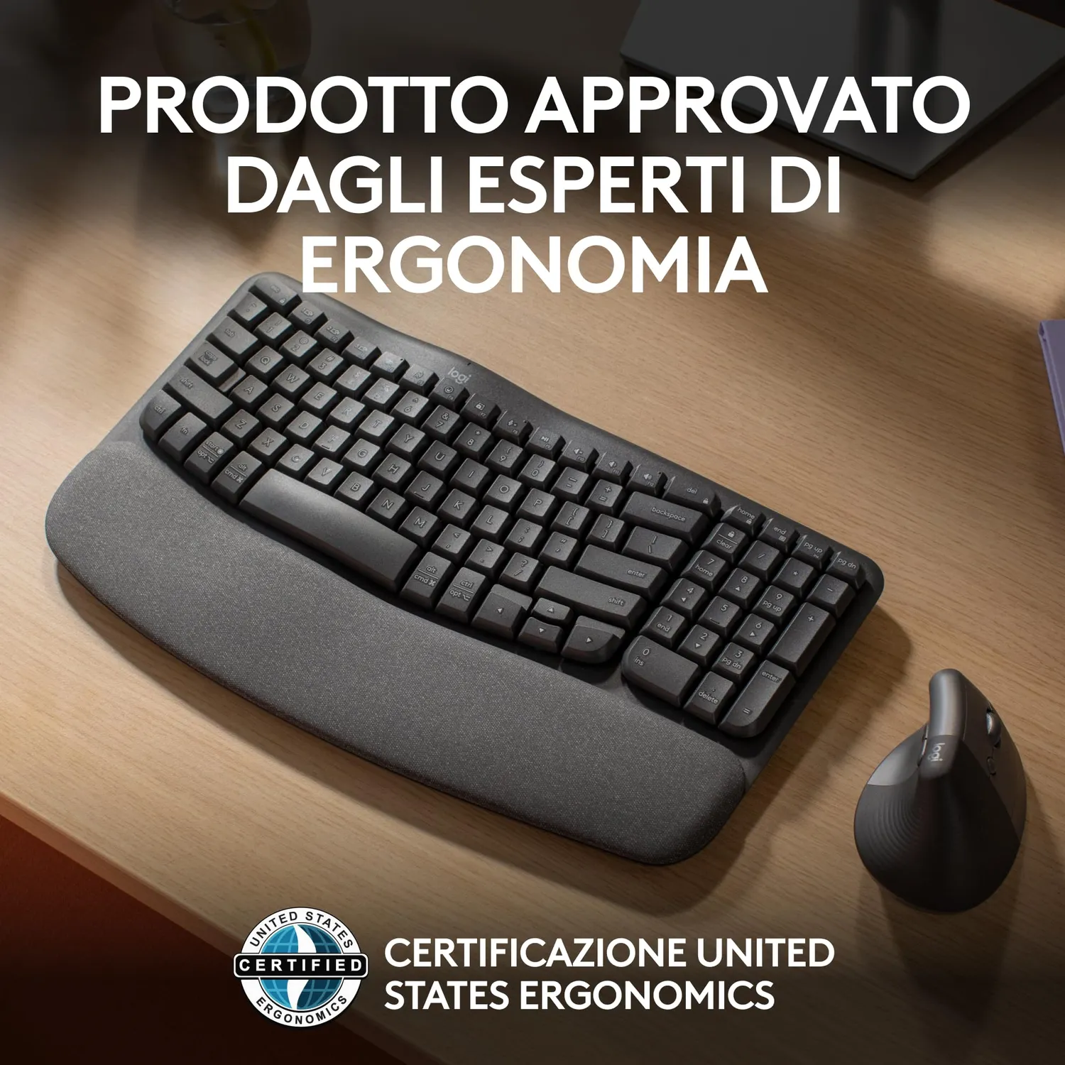 Logitech Wave Keys tastiera wireless ergonomica grafite ITA