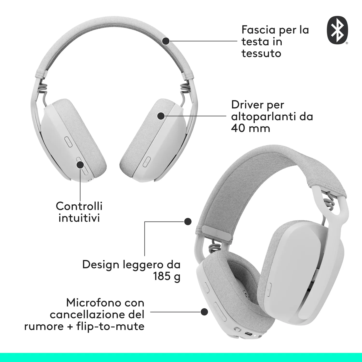 Logitech Zone Vibe 100 cuffie wireless bianco over-ear