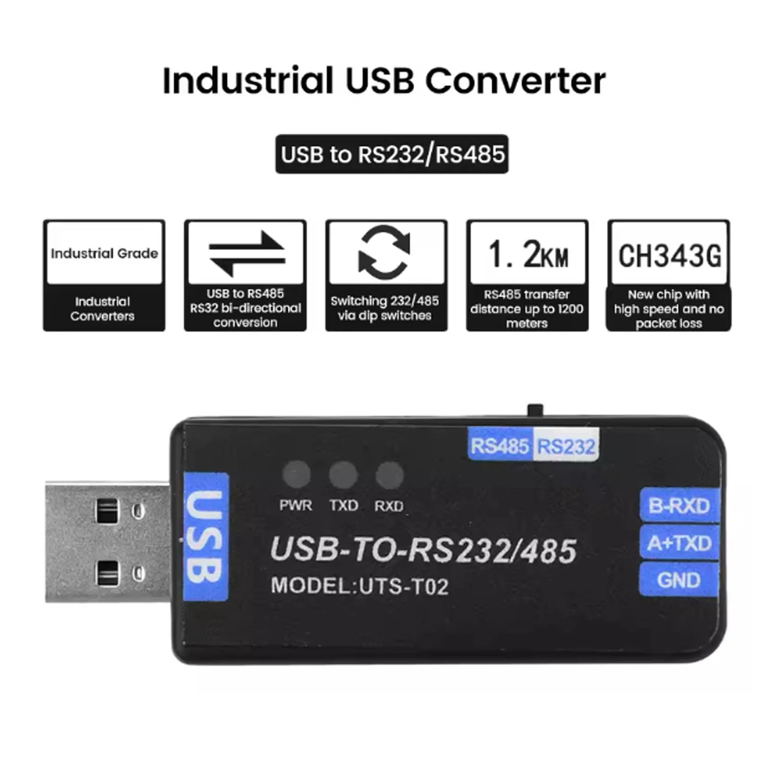 Zunate Convertitore USB a RS485 RS232 industriale CH343G protetto