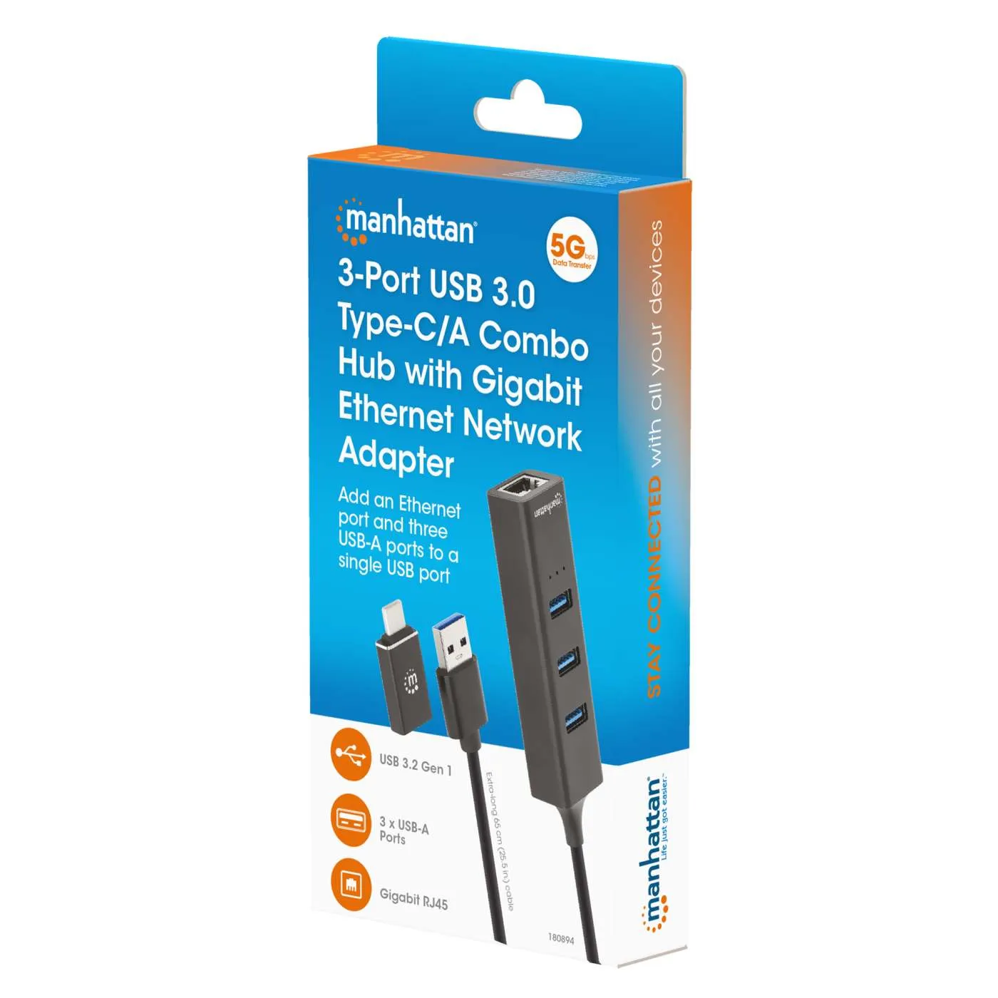 Manhattan 3-Port USB 3.0 Combo Hub rete Gigabit Ethernet