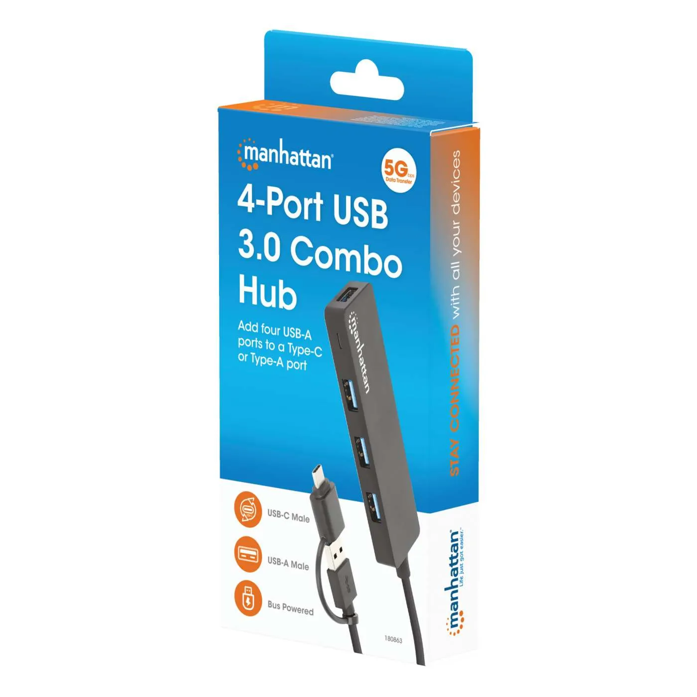 Manhattan Hub USB 3.0 4 Porte USB-A Combo USB-C/A 5Gbps