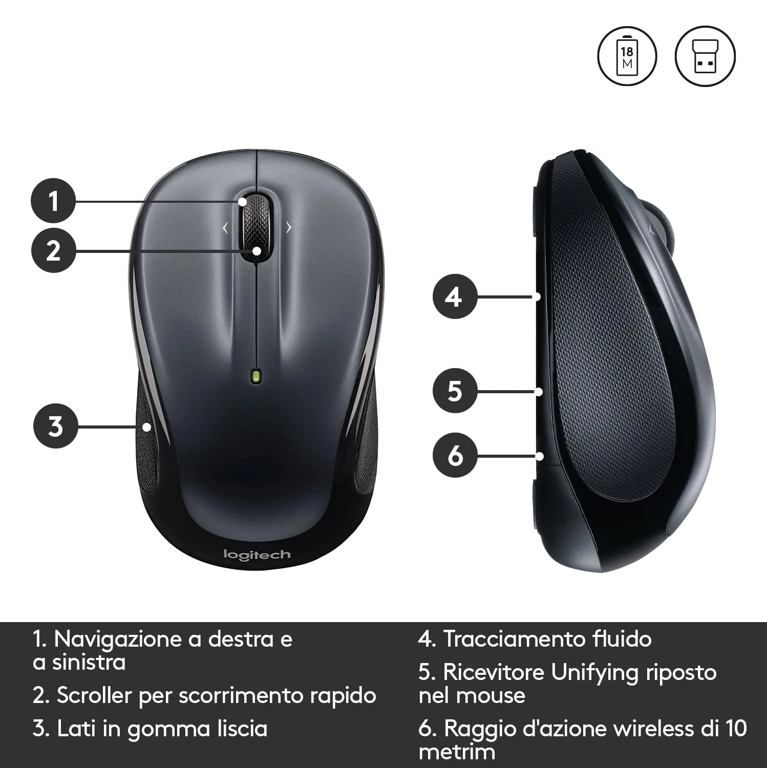 Logitech M325 Mouse Wireless Nero micro ricevitore preciso