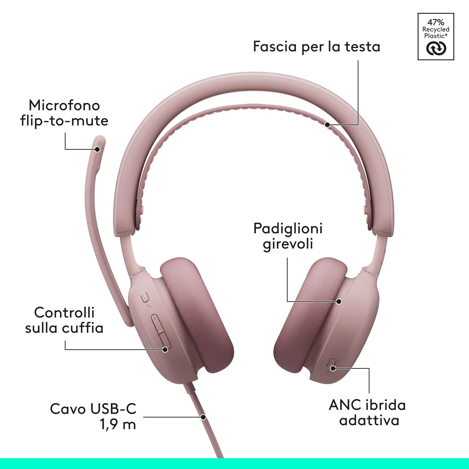Logitech Zone Wired 2 cuffie con microfono USB rosa ANC