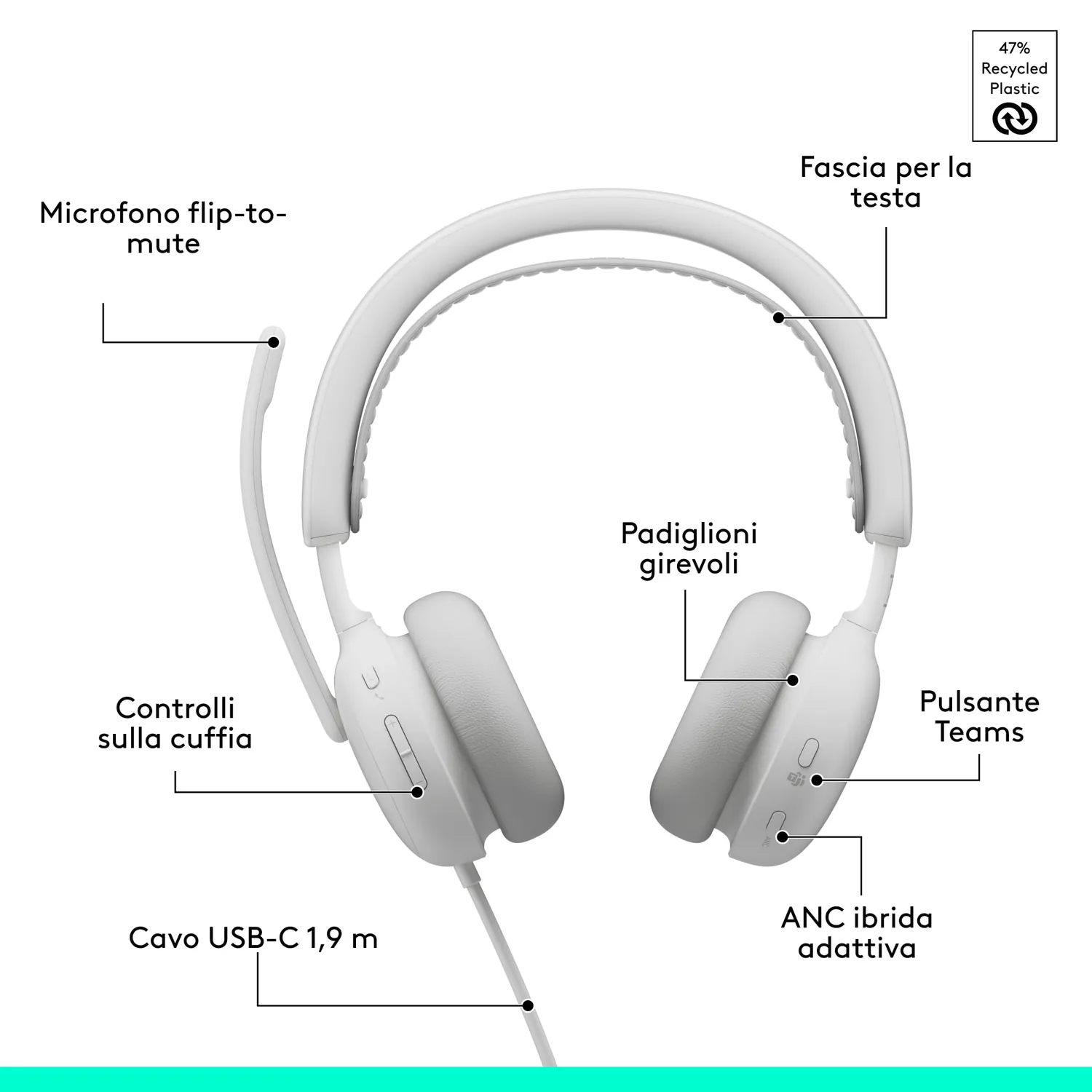 Logitech Zone Wired 2 cuffia Teams USB-C bianca ANC ibrida