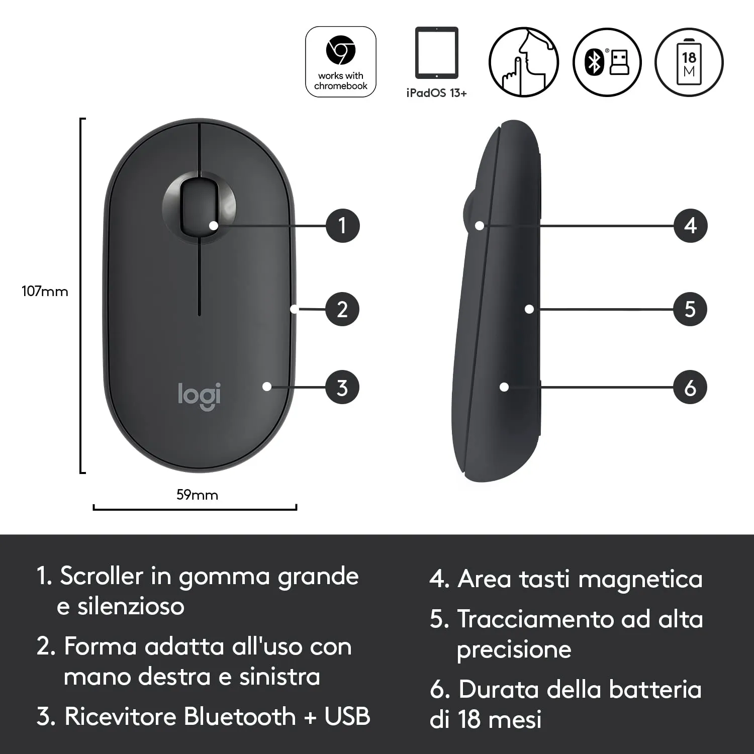 Logitech Pebble M350 mouse wireless grafite silenzioso