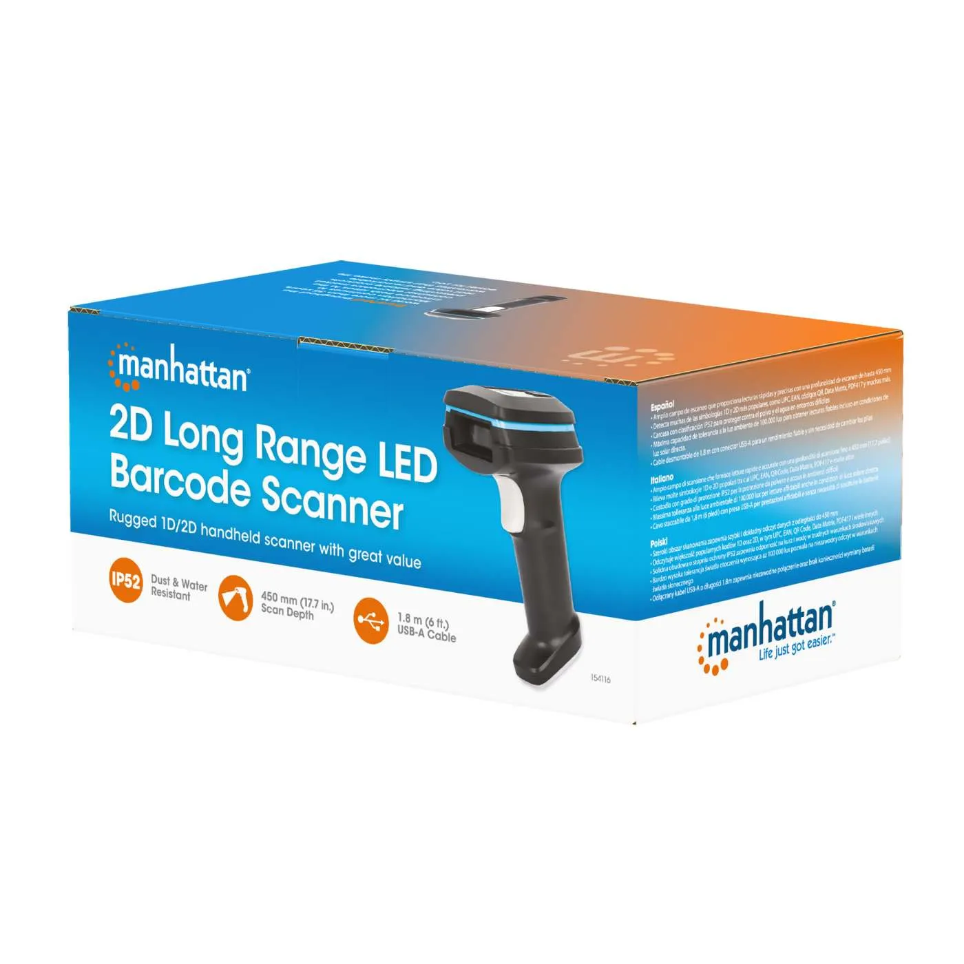 Manhattan Scanner Barcode 2D LED USB Long Range IP52