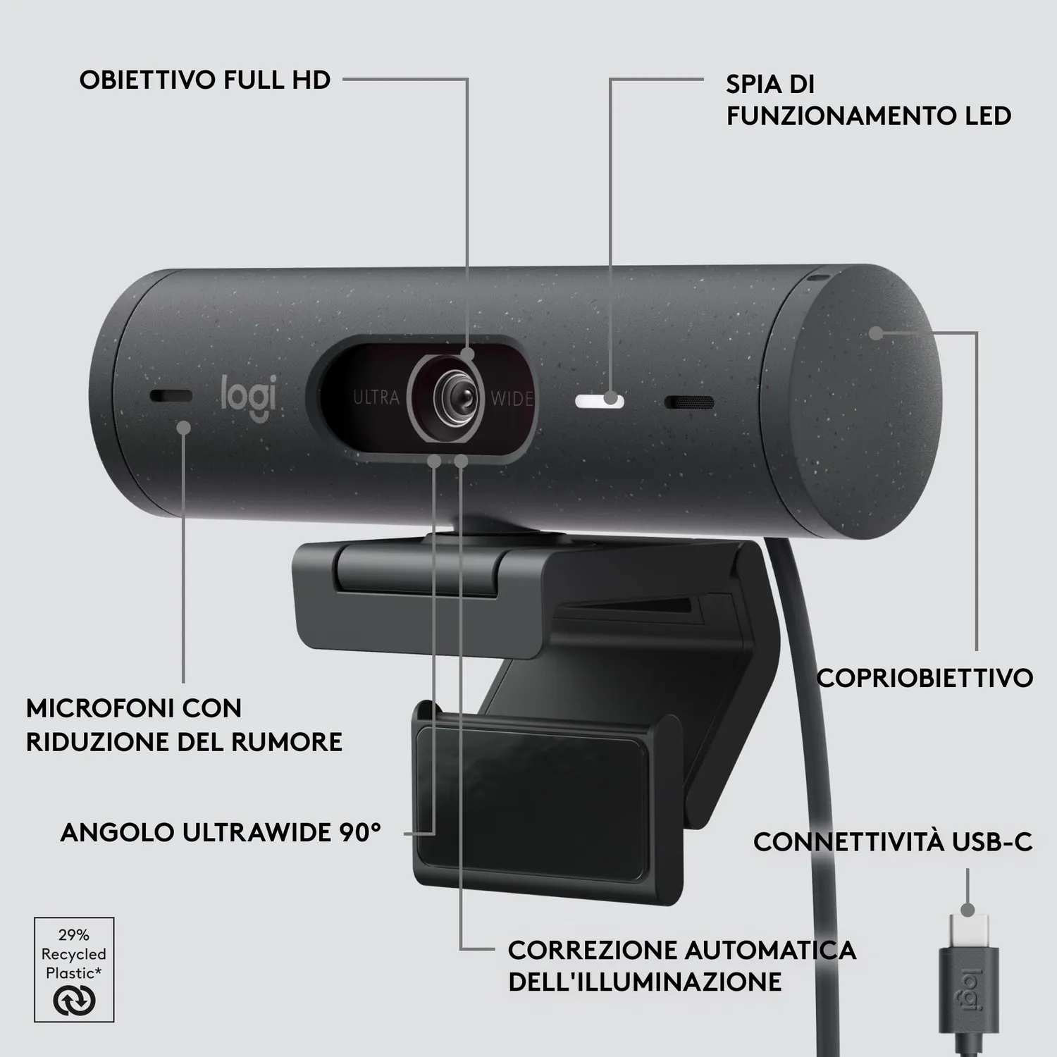 Logitech Brio 500 webcam Full HD 1080p grafite