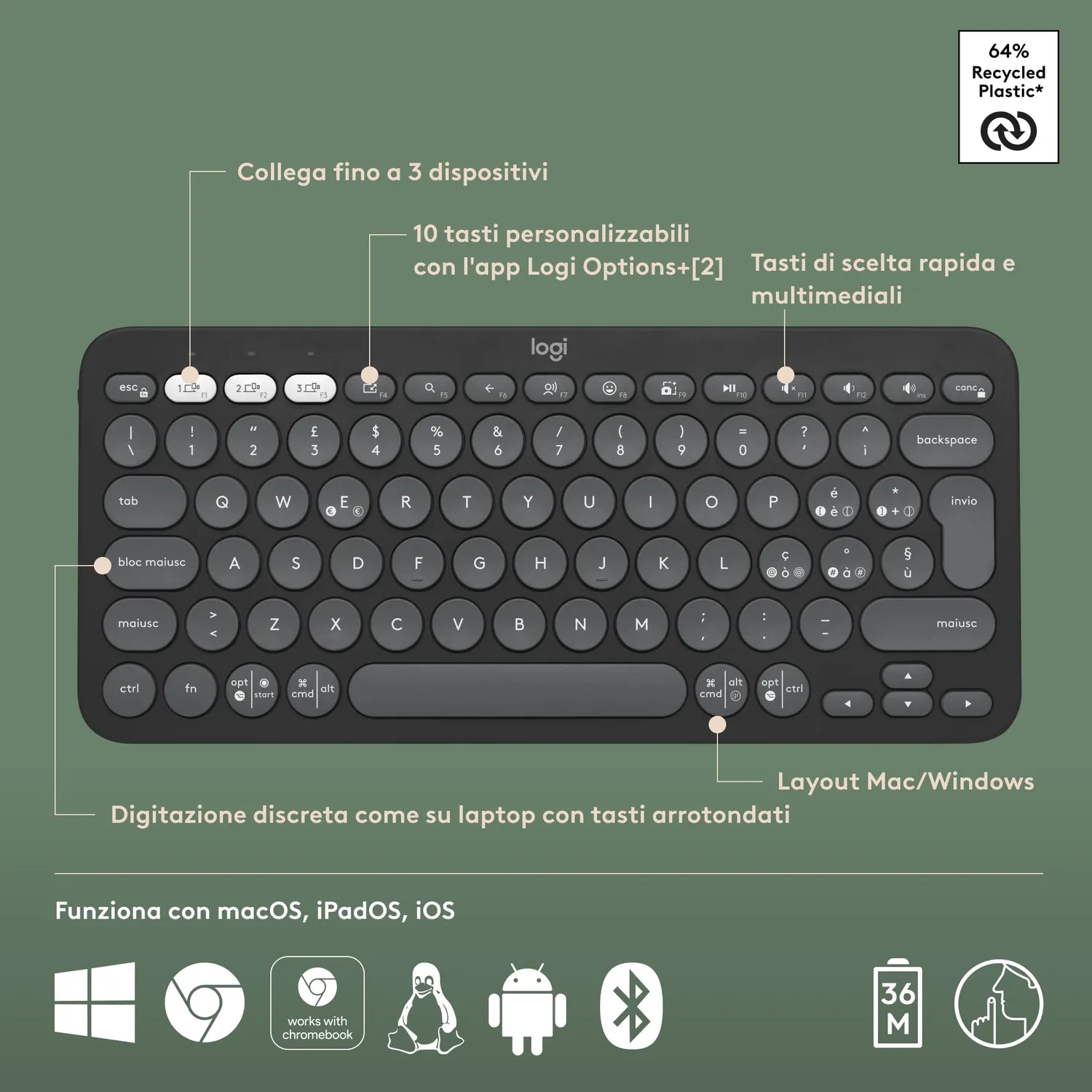 Logitech Pebble Keys 2 K380s tastiera bluetooth grafite
