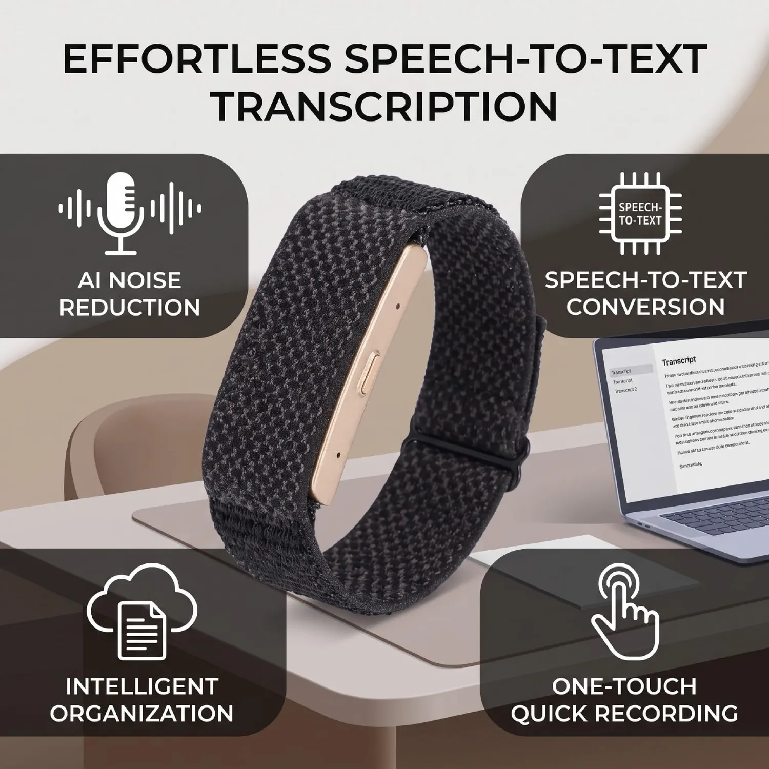 Zunate Braccialetto Intelligente Registratore Oro Trascrizione AI