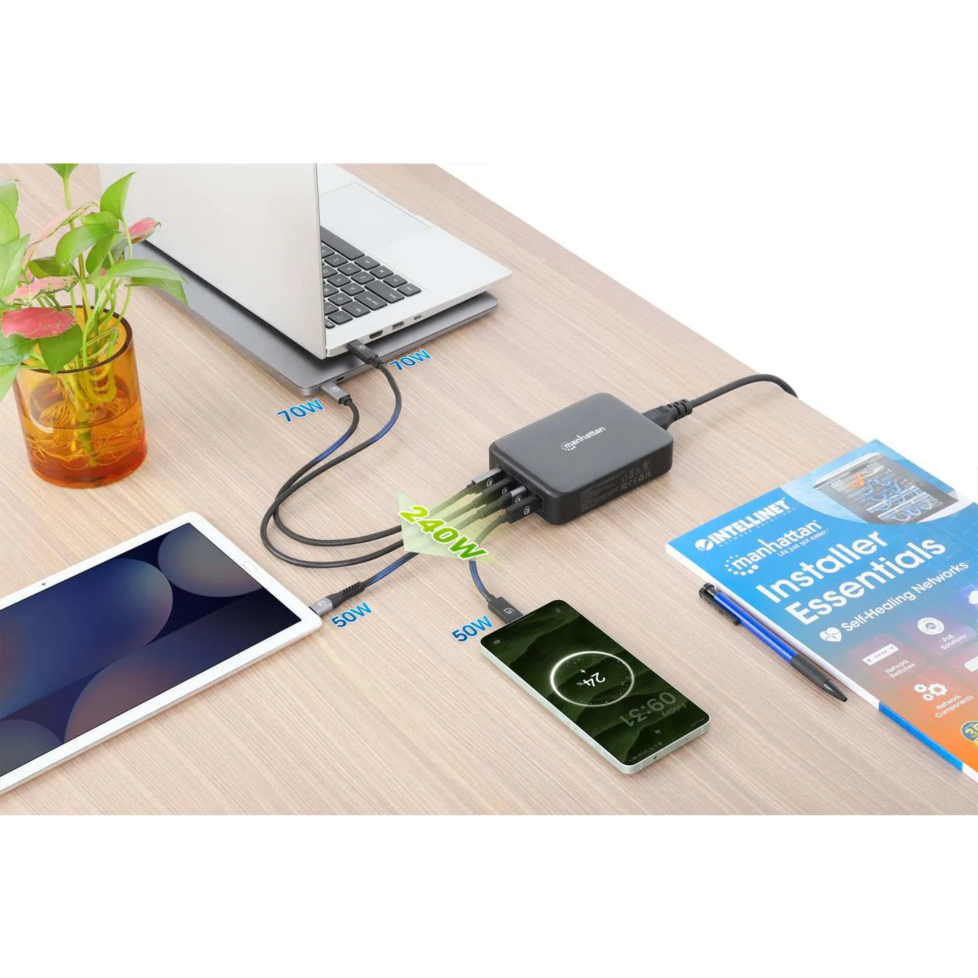 Manhattan 240W stazione ricarica GaN 4 porte USB-C nera